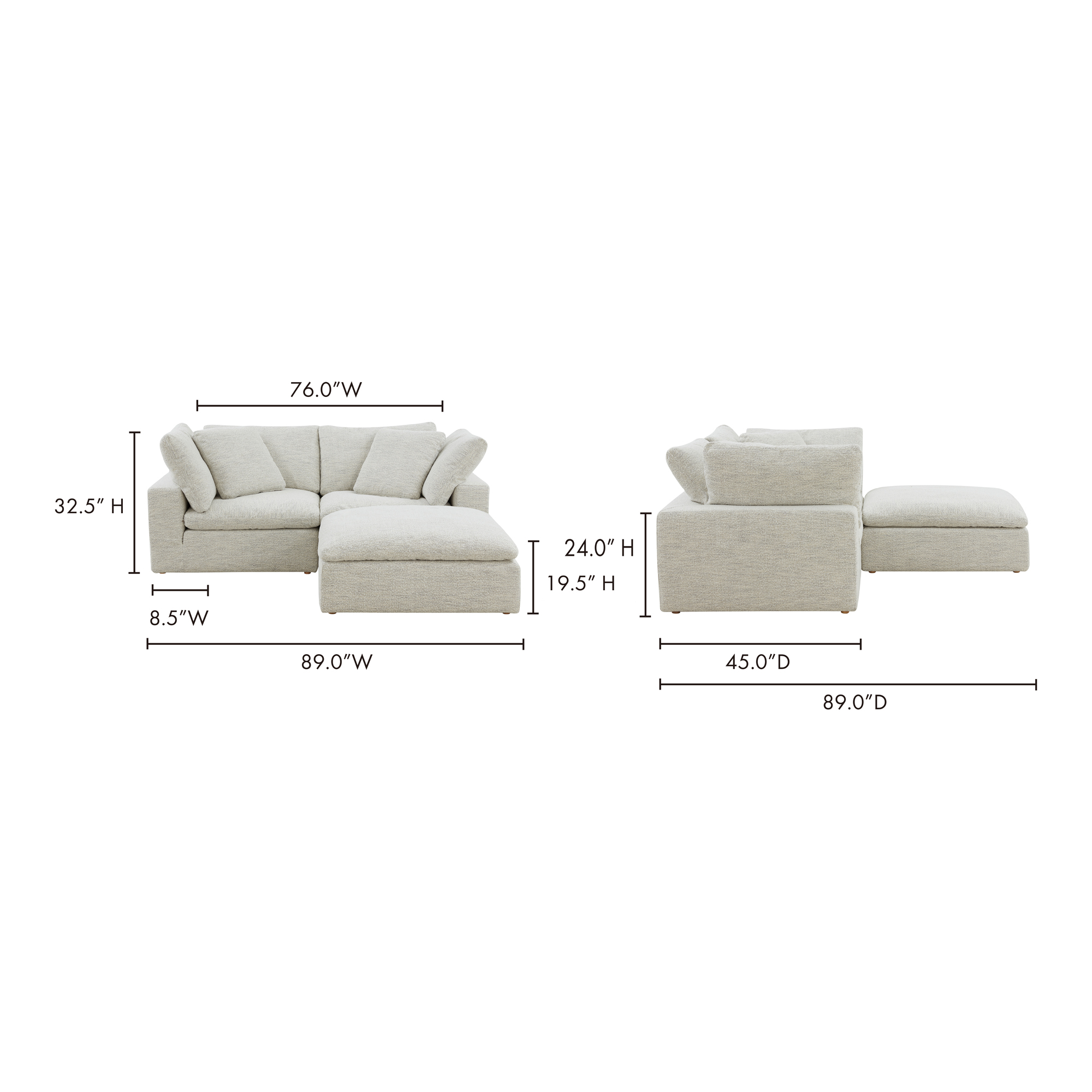 Clay Nook Modular Sectional Coastside Sand, Sectional Sofa by Moe's Home, 89" width x 32" height x 89" depth View 6