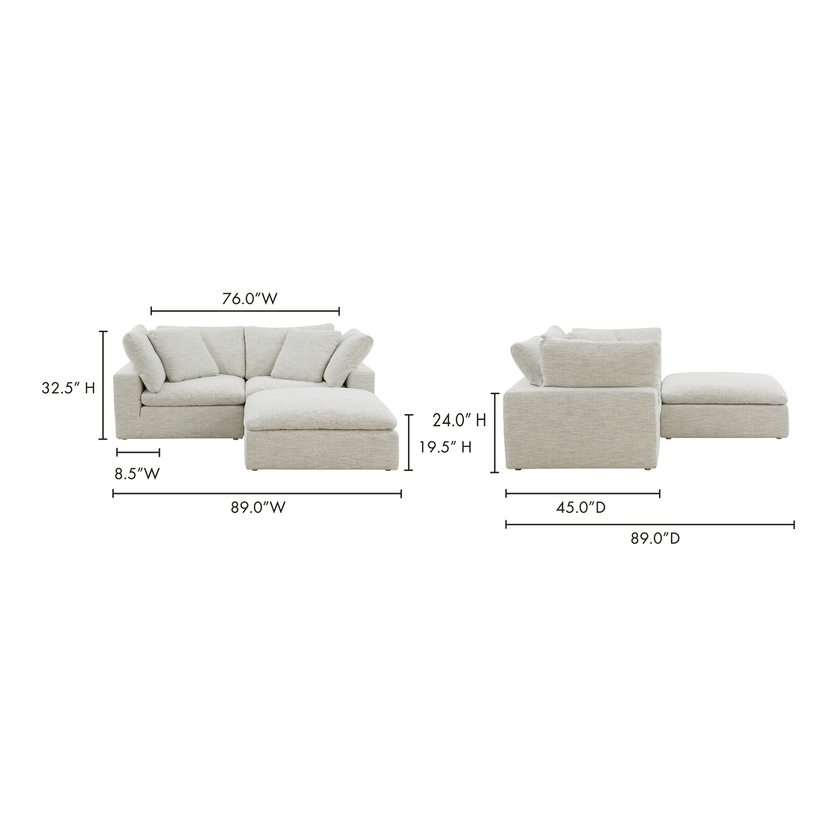 Clay Nook Modular Sectional Coastside Sand, Sectional Sofa by Moe's Home, 89" width x 32" height x 89" depth View 6