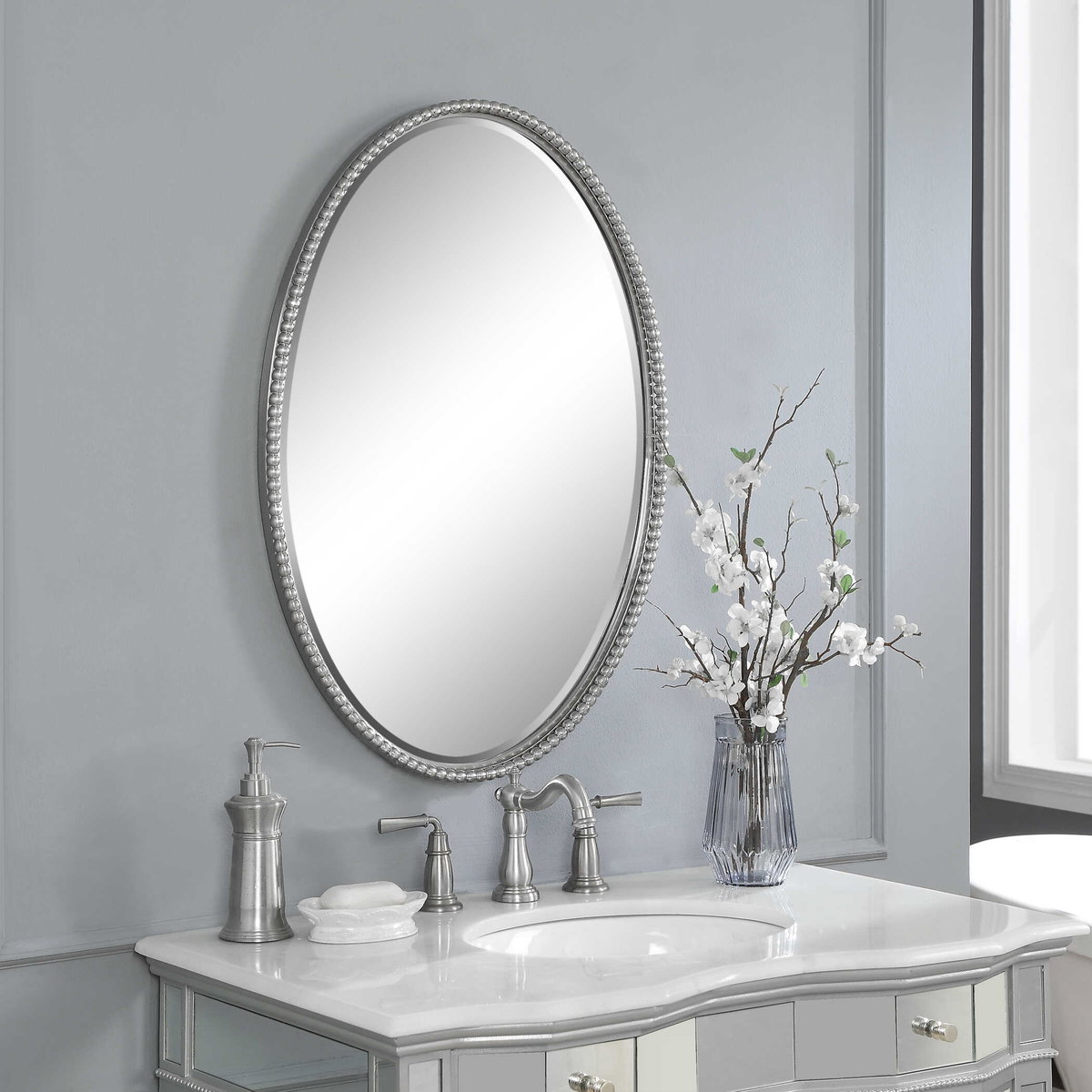 Sherise Brushed Nickel Oval Mirror, by Uttermost, 22" width x 32" height x 1.75" depth View 6