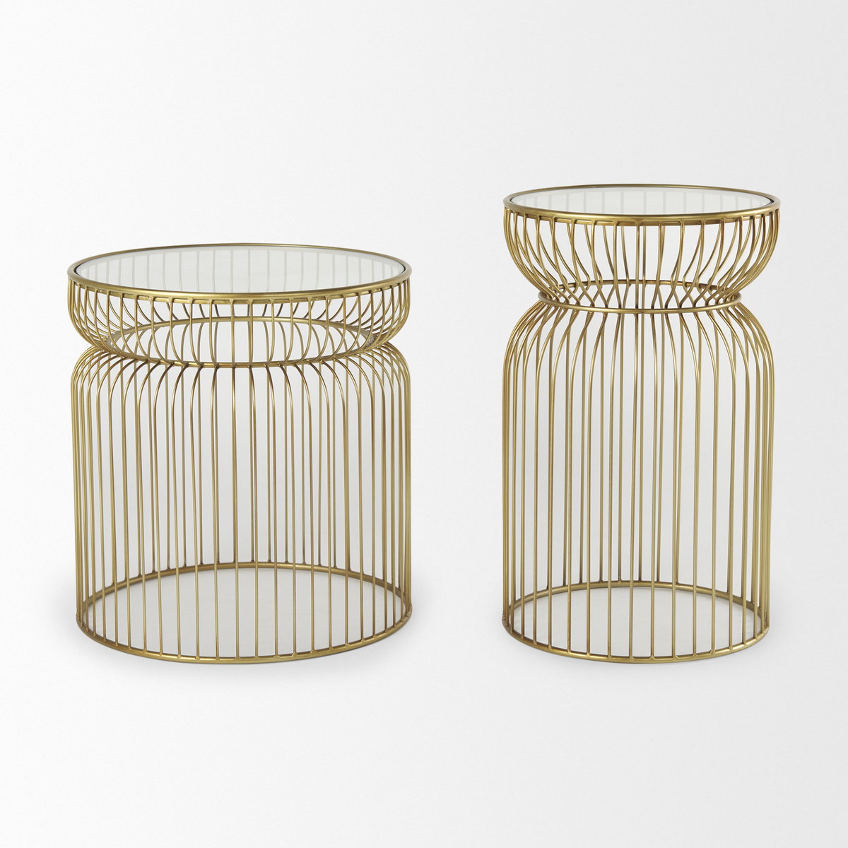 Shani Set of 2 Round, Gold Metal with Glass Accent Tables, Side & End Table by Mercana, 19" length x 19" width x 20.25" height View 3