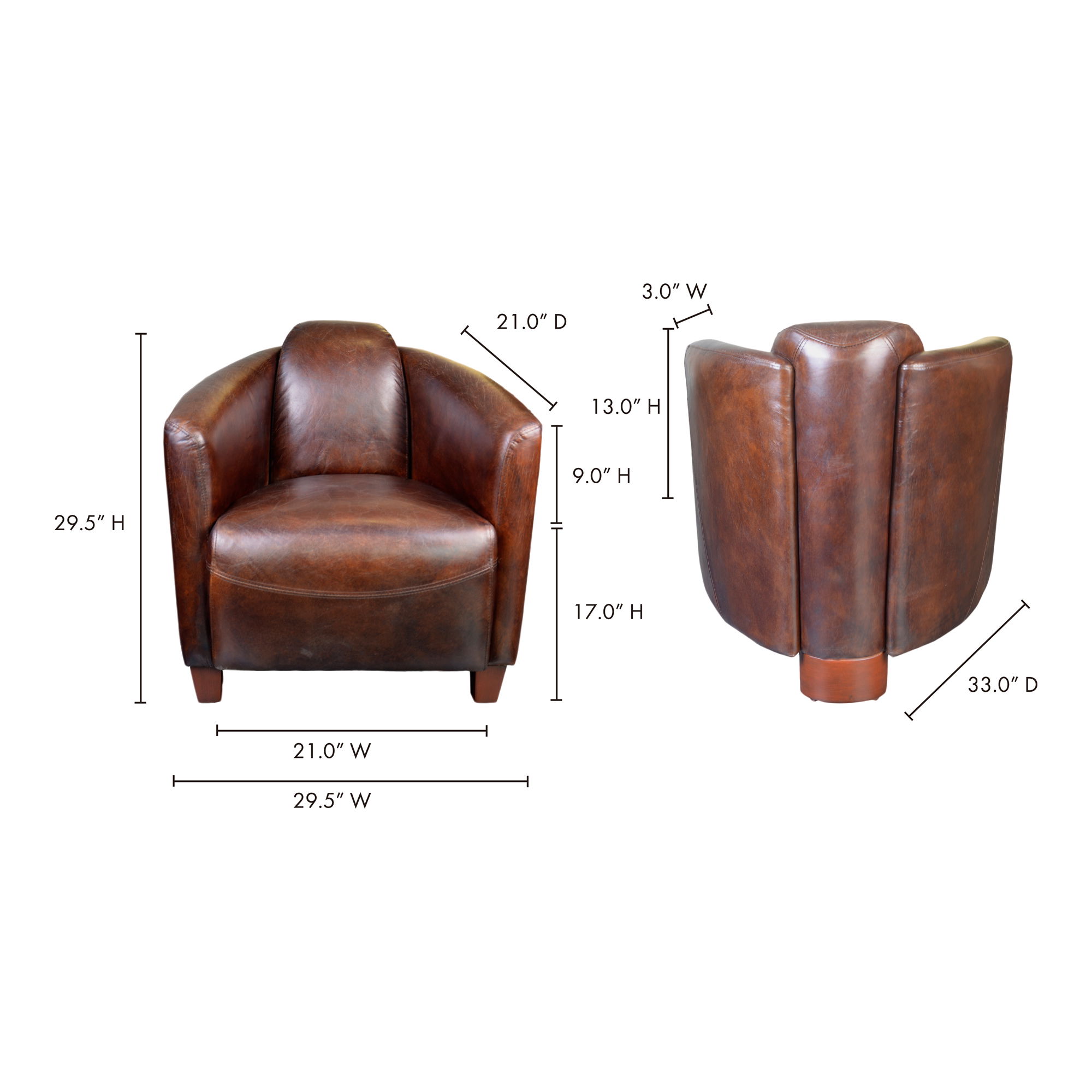 Salzburg Club Chair Dark Brown Leather, Accent Chair by Moe's Home, 29.5" width x 29.5" height x 33" depth View 5
