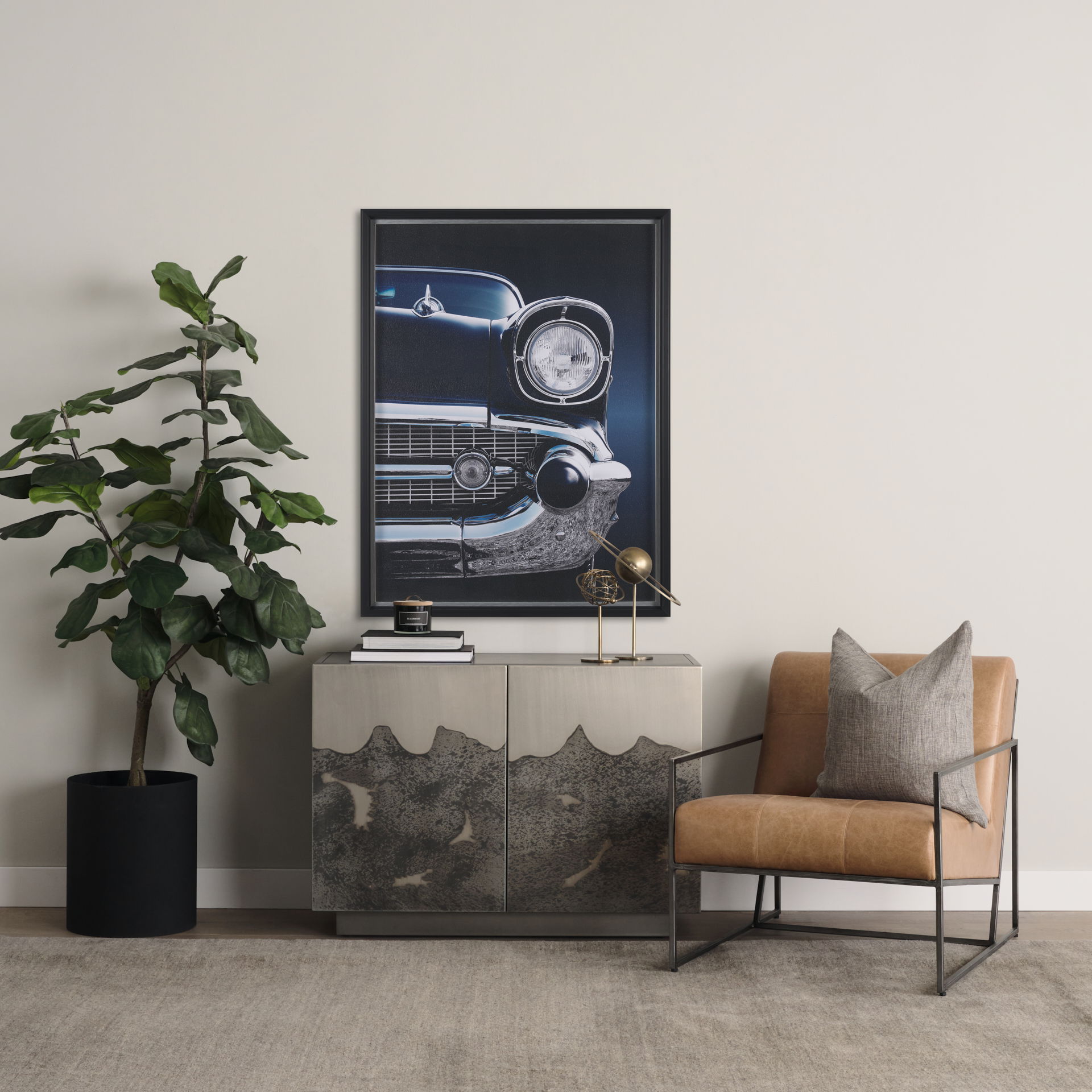 Stratton Gunmetal with Genuine Brown Leather Upholstered Accent Chair, by Mercana, 27.25" length x 36.5" width x 29.5" height View 3