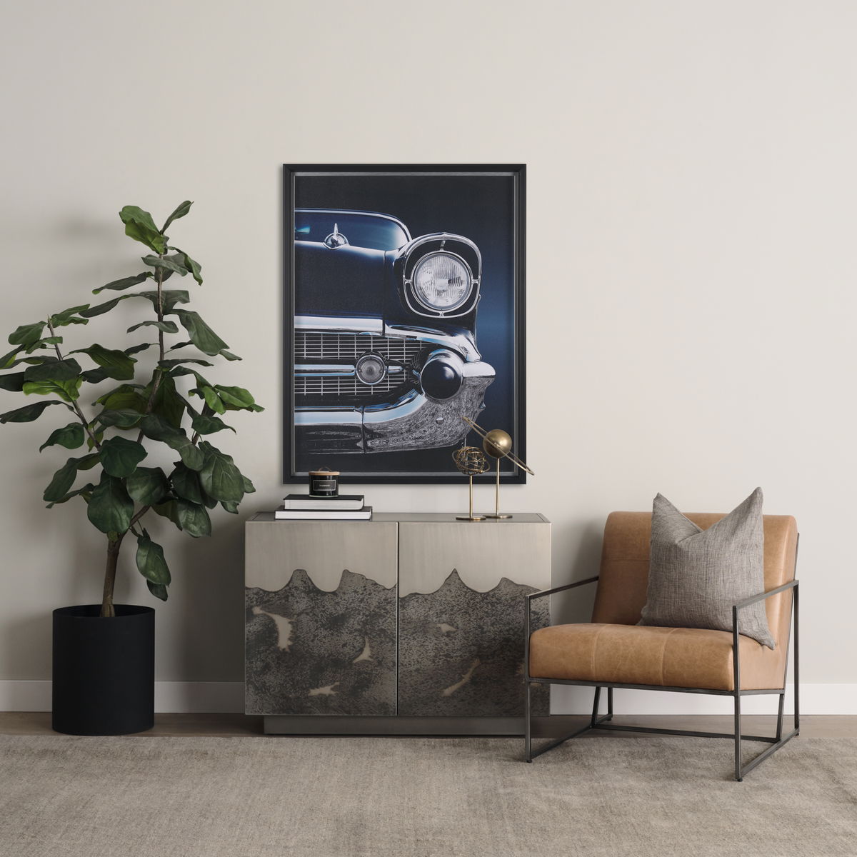 Stratton Gunmetal with Genuine Brown Leather Upholstered Accent Chair, by Mercana, 27.25" length x 36.5" width x 29.5" height View 3