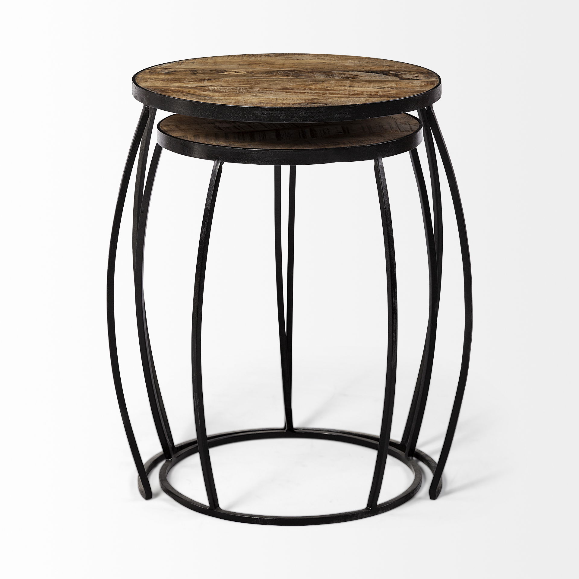 Clapp IV (Set of 2) 20L x 20W Brown Round Wood Top with Black Iron Frame Nesting Accent Tables, Side & End Table by Mercana, 20" length x 20" width x 26" height View 7