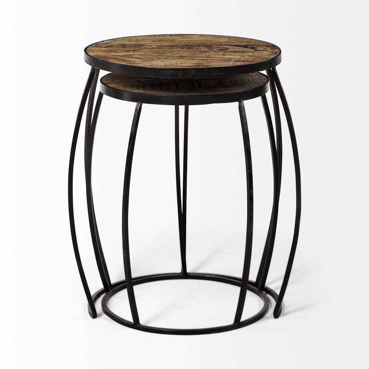 Clapp IV (Set of 2) 20L x 20W Brown Round Wood Top with Black Iron Frame Nesting Accent Tables, Side & End Table by Mercana, 20" length x 20" width x 26" height View 7