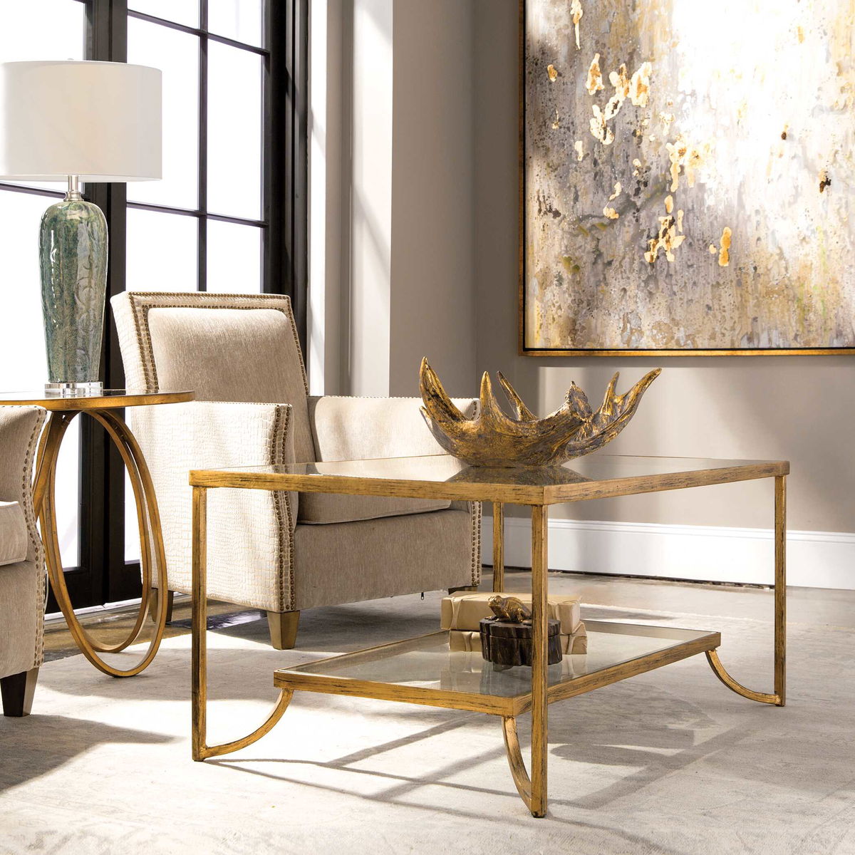 Katina Gold Leaf Coffee Table, by Uttermost, 46.62" width x 20.75" height x 28.37" depth View 7