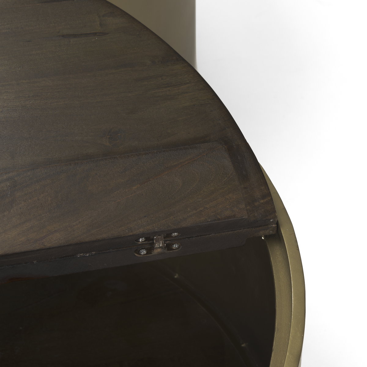 Eclipse Antique Brass Metal Drum Base with Dark Brown Wood Top Nested Coffee Table, by Mercana, 36.22" length x 36.22" width x 17.32" height View 14