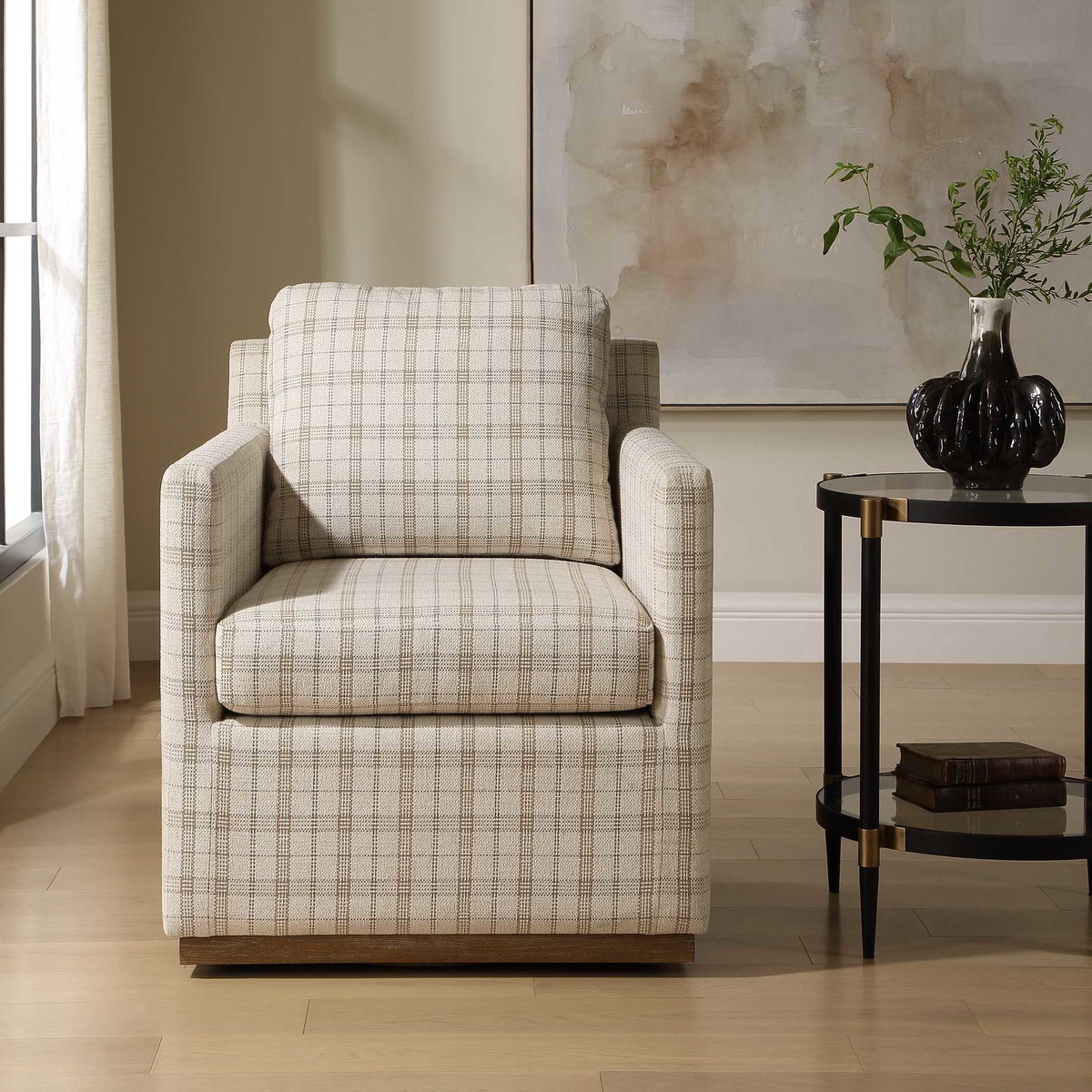 Basie Casual Linen Swivel Chair, Accent Chair by Uttermost, 31.5" width x 31" height x 27.75" depth View 4