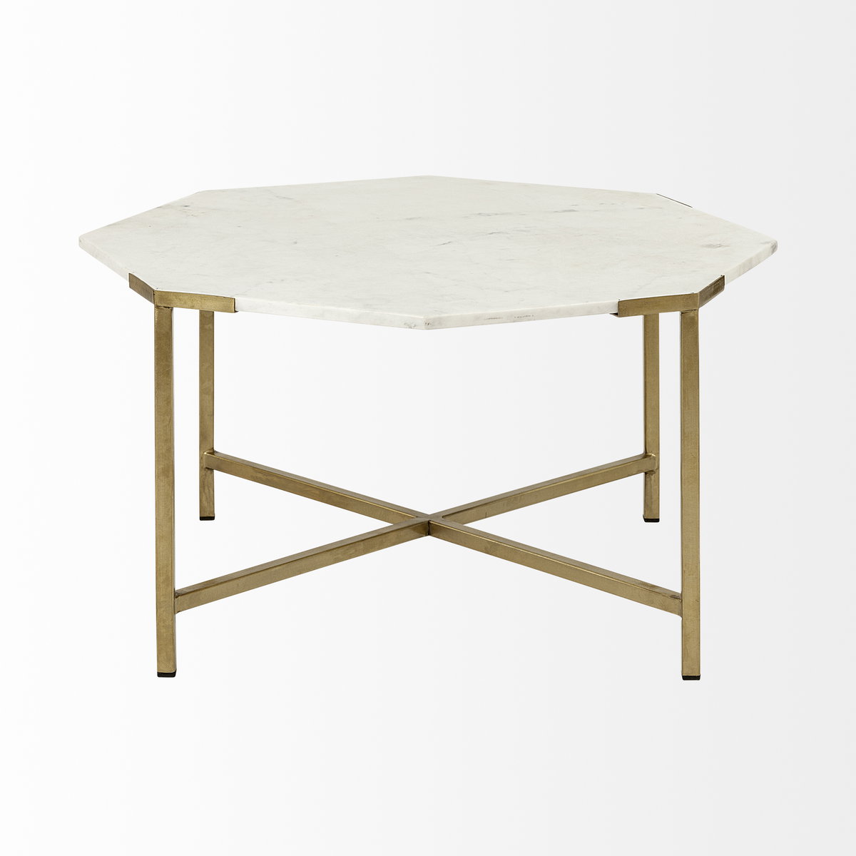 Vincent 33' Octagonal White Marble Tabletop with Gold Metal Base Coffee Table, by Mercana, 32.75" length x 32.75" width x 17" height View 5
