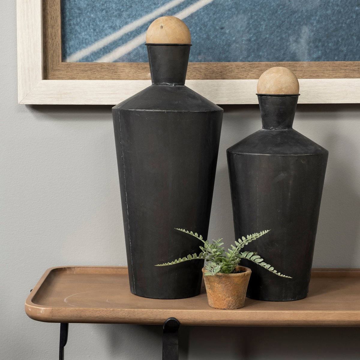 Asher Set of Two Black Metal Urns, Decorative Jar by Mercana, 7.48" length x 7.48" width x 18.5" height View 4
