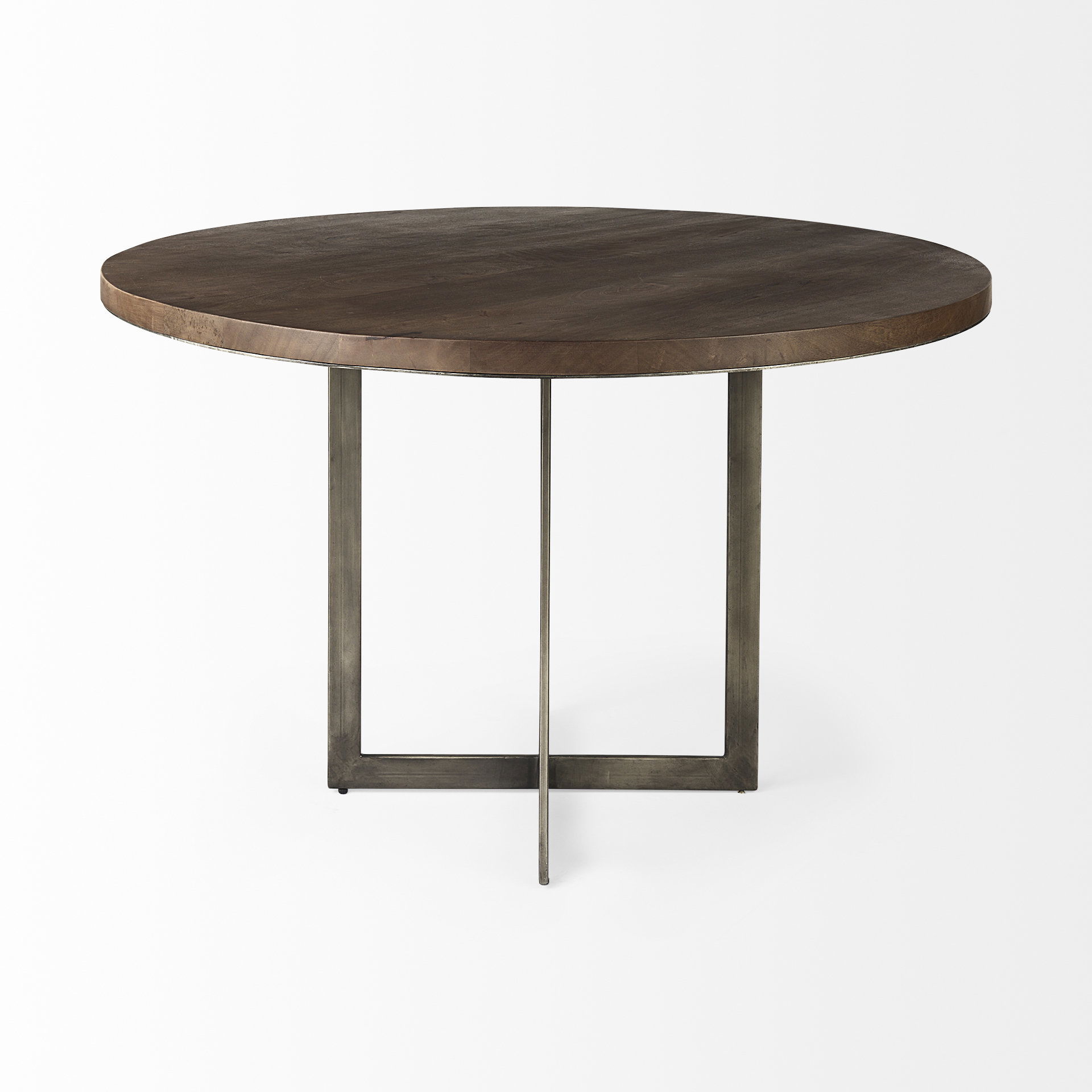 Faye I 48L x 48W x 30H Medium Brown Wood with Antique Nickel Metal Base Round Dining Table large image 