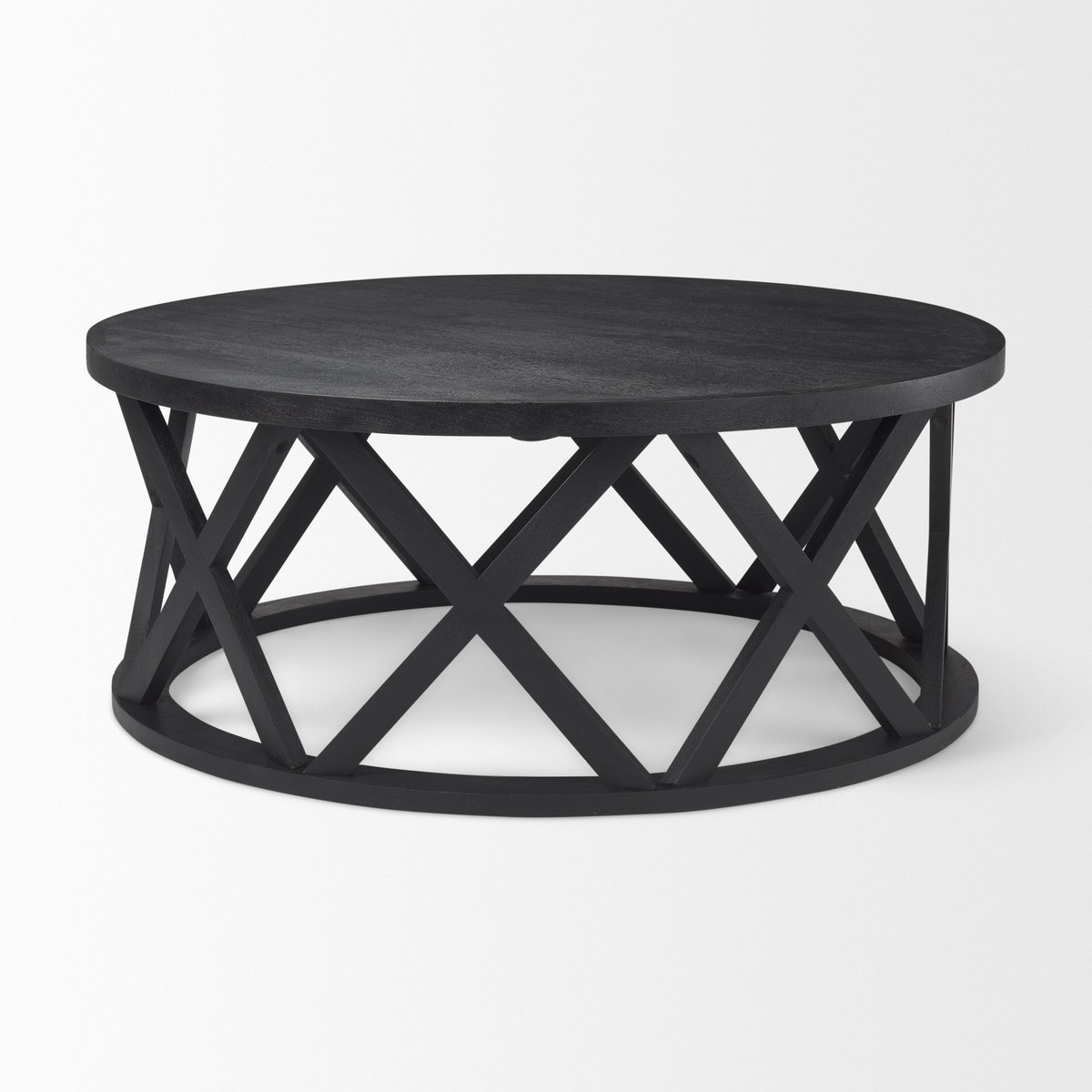 Forsey  28.0L x 45.3W x 18.0H Black Solid Wood Round Coffee Table, by Mercana, 45" length x 45" width x 18" height View 3