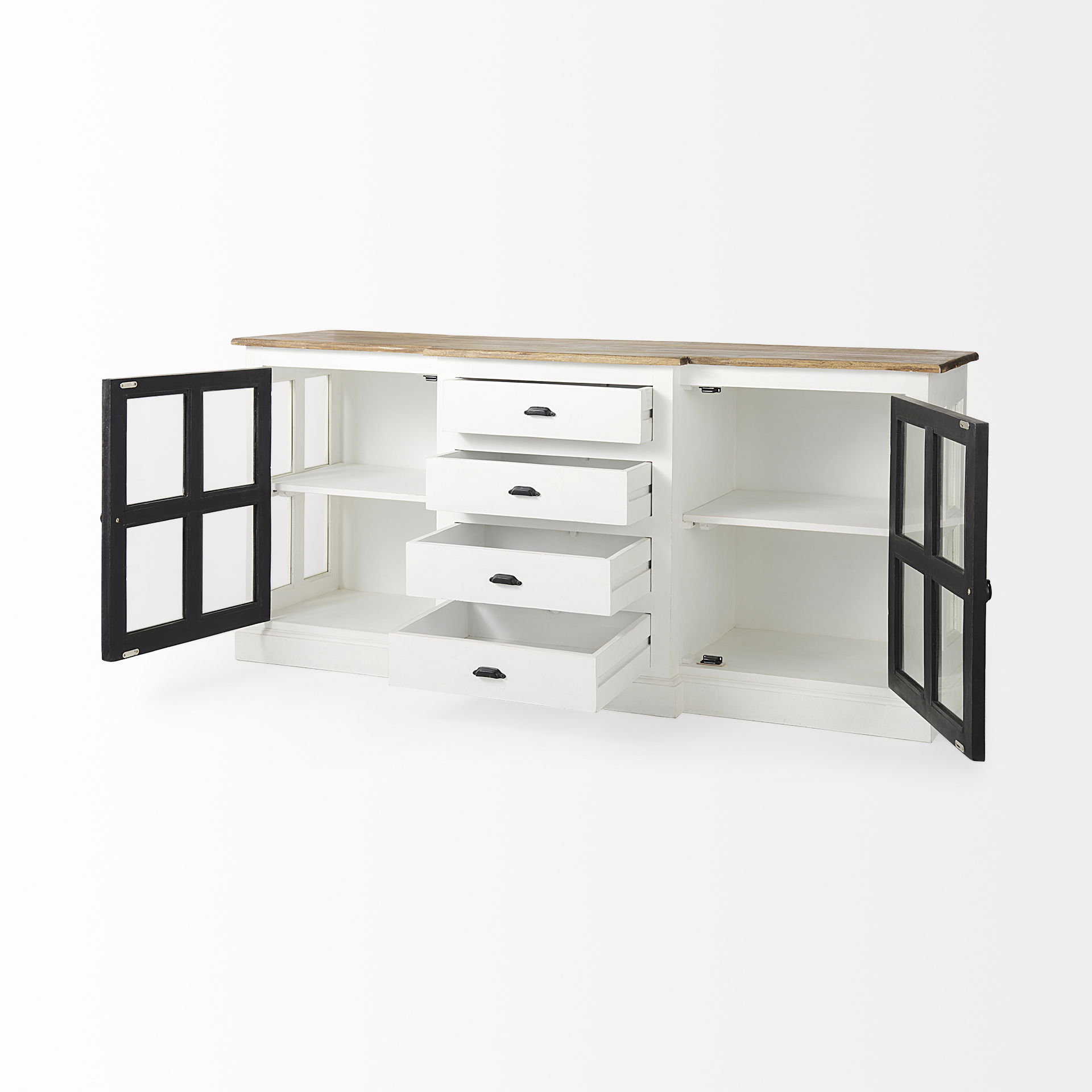 Bourchier 75x21 White/Black Solid Wood Frame Brown Top 4 Drawer 2 Glass Cabinet Buffet large image 
