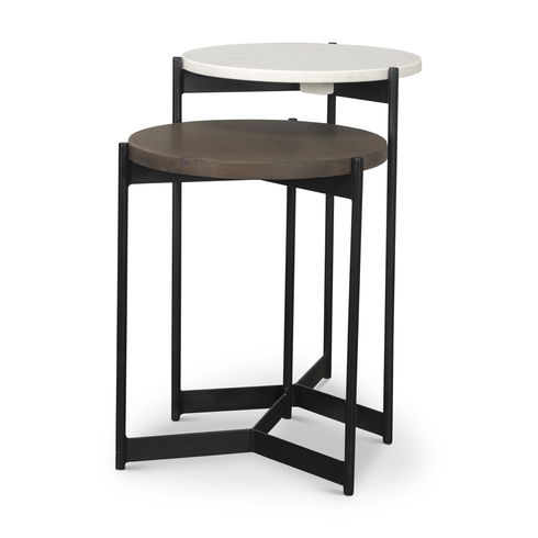 Larkin Marble & Dark Brown Wood Tabletop Nesting End/Side Tables