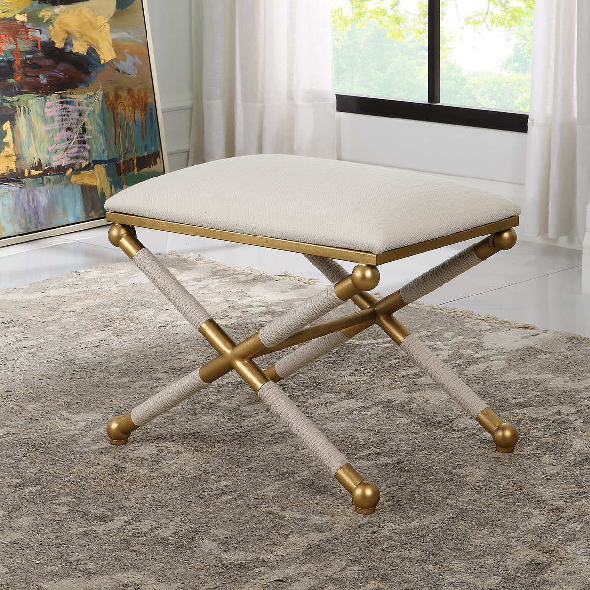 Socialite White Small Bench, Benche by Uttermost, 24" width x 20.25" height x 17" depth View 2