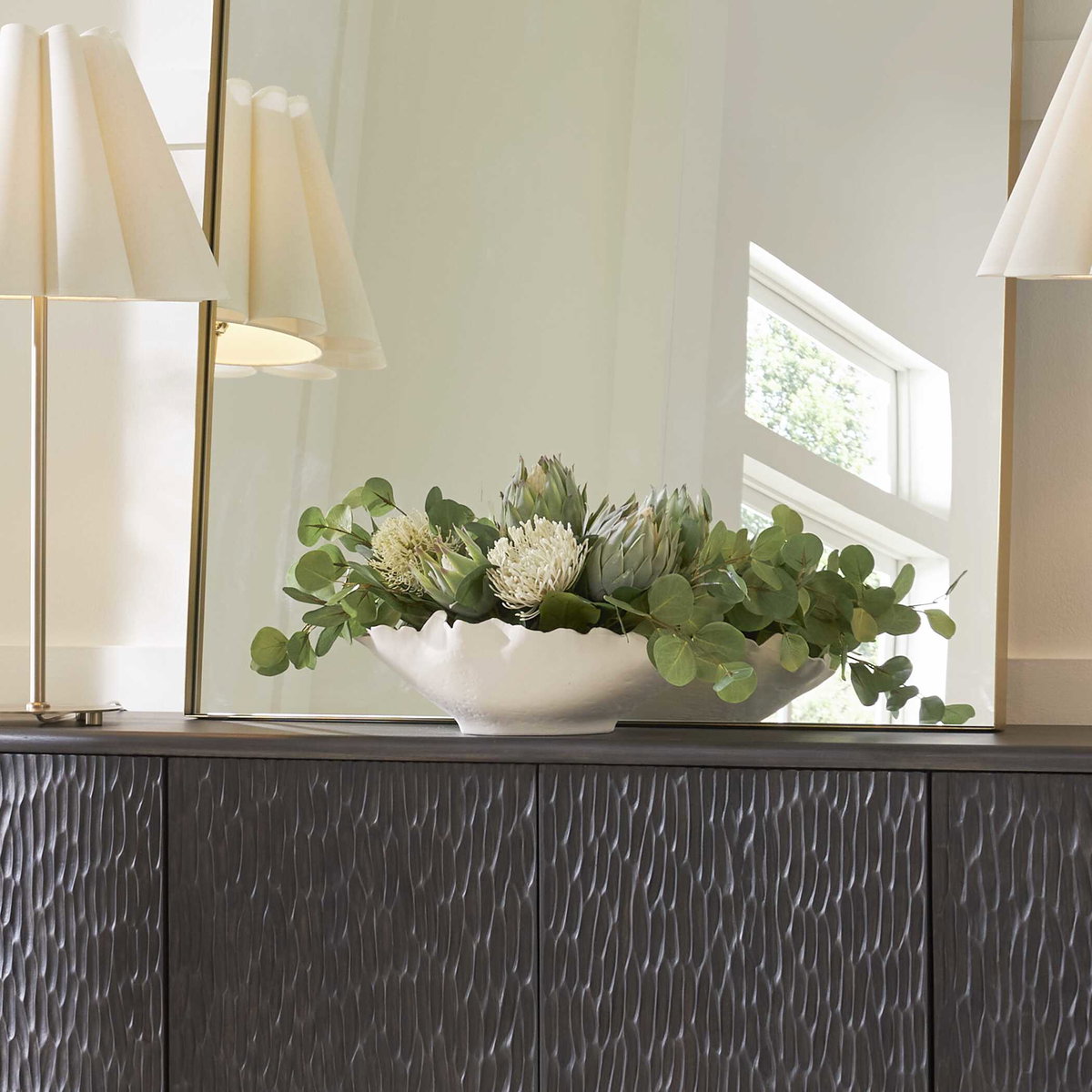 Protea Blooms White Bowl Centerpiece, Artificial Plants & Flower by Uttermost, 24" width x 12" height x 16" depth View 2
