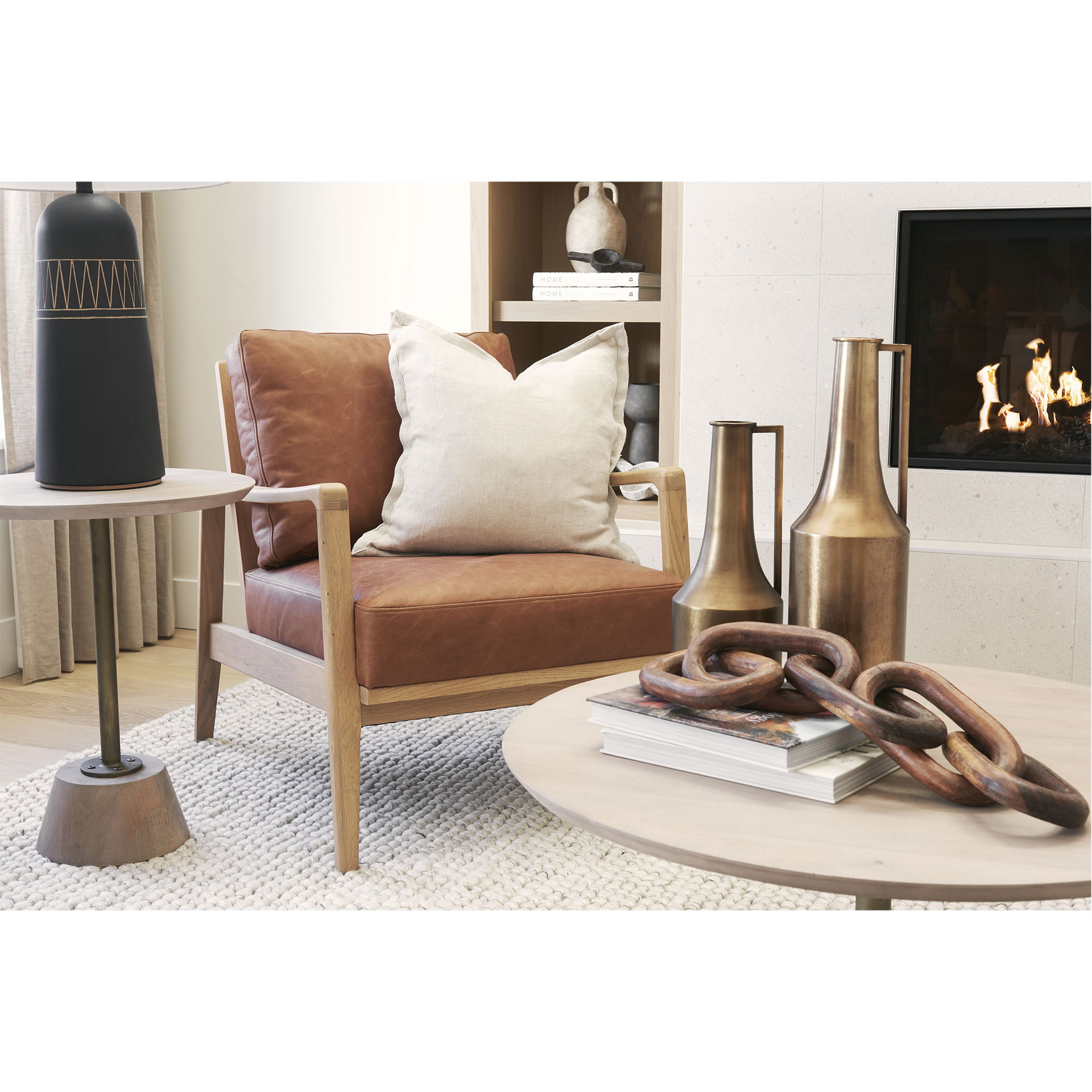 Maxwell 20' Round Light Brown Wood with Gold Metal Pedestal Side Table, Side & End Table by Mercana, 20" length x 20" width x 24" height View 3