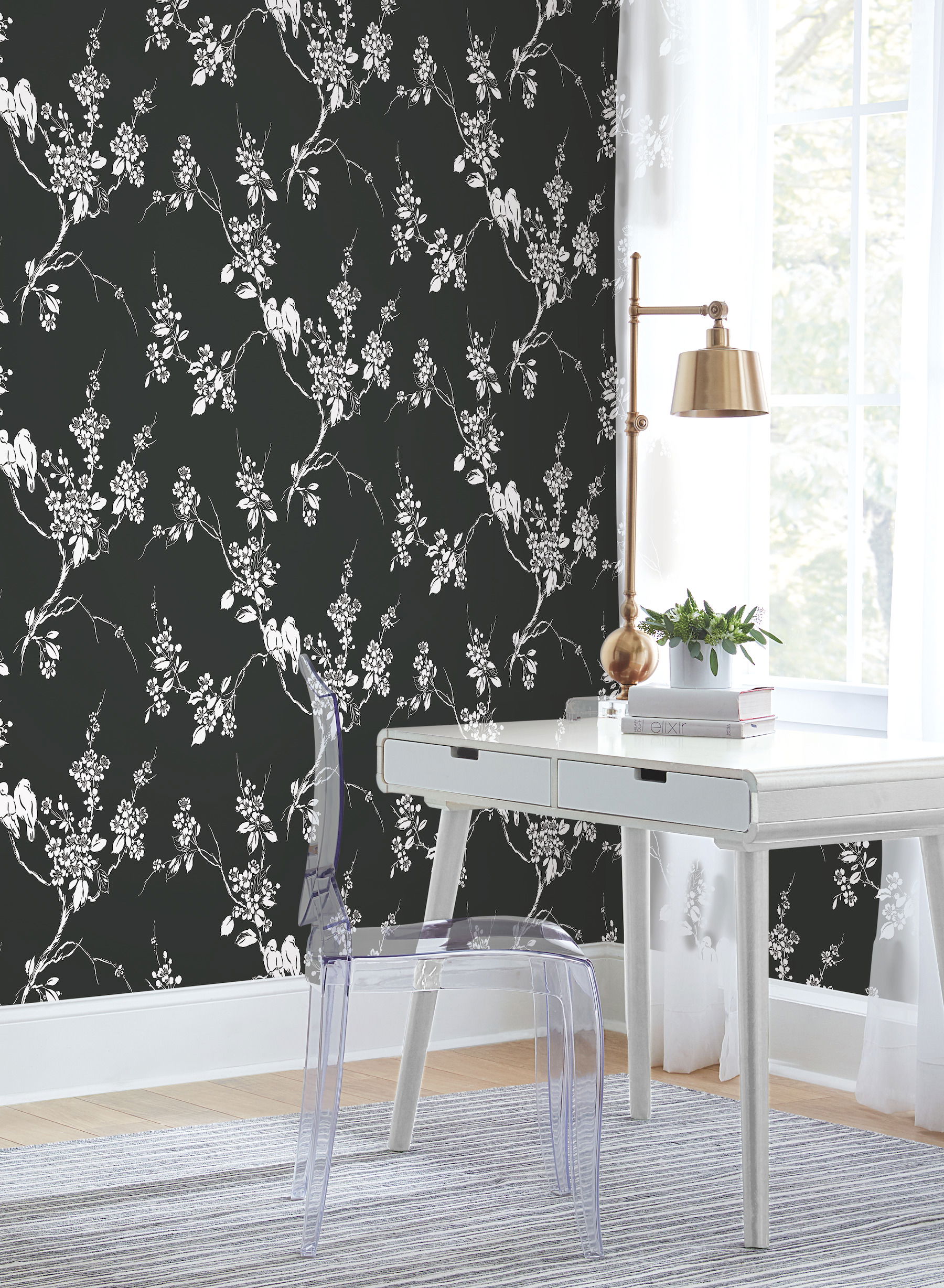Imperial Blossoms Branch Black & White Wallpaper, by York Wall, 27' length x 2'3" width x 0.02" depth View 2