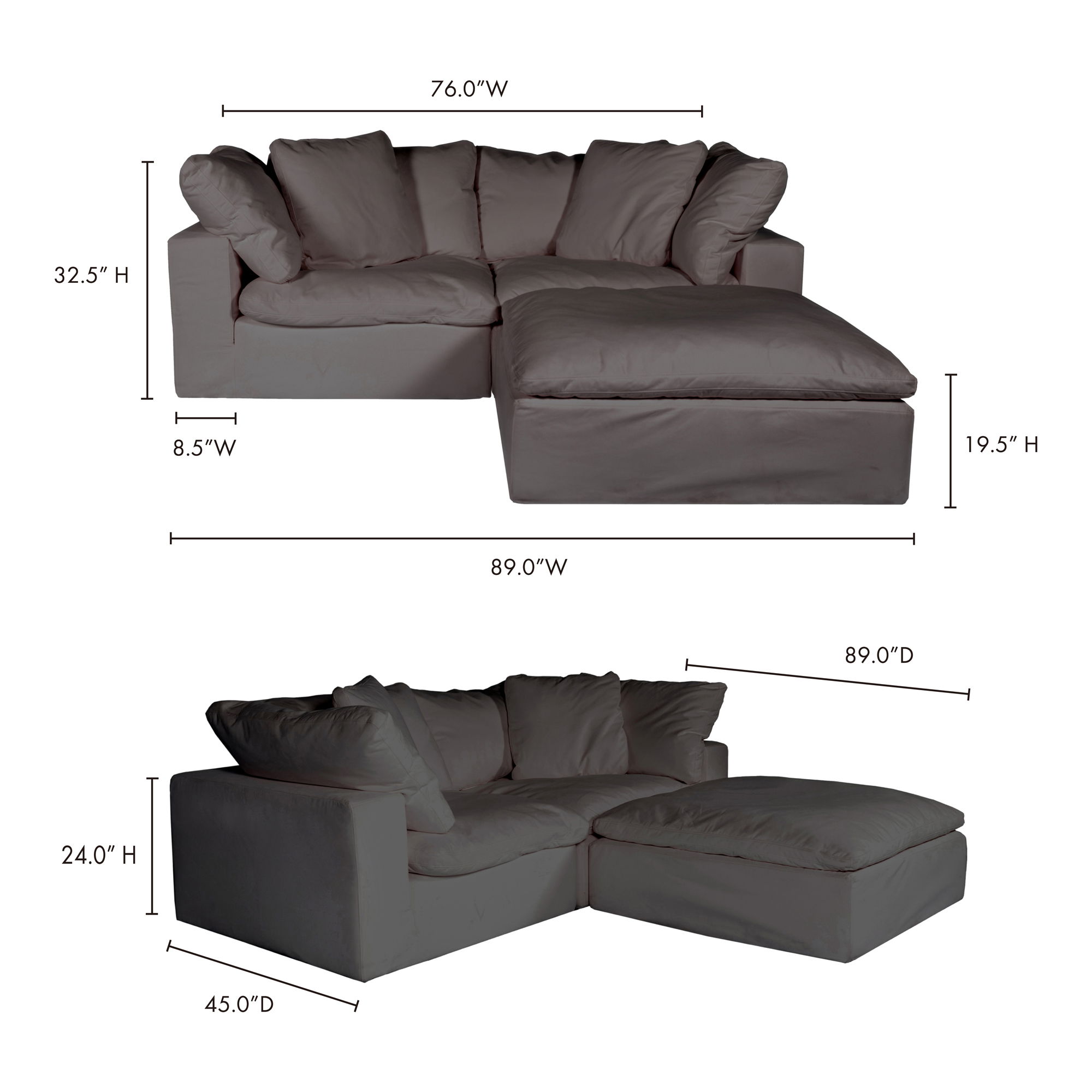 Clay Nook Modular Sectional Light Grey, Sectional Sofa by Moe's Home, 89" width x 32.5" height x 89" depth View 3