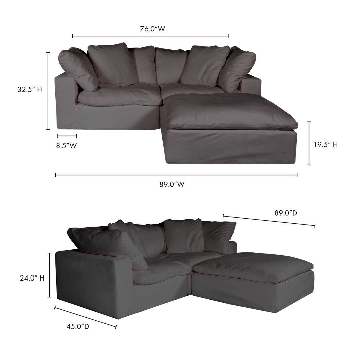 Clay Nook Modular Sectional Light Grey, Sectional Sofa by Moe's Home, 89" width x 32.5" height x 89" depth View 3