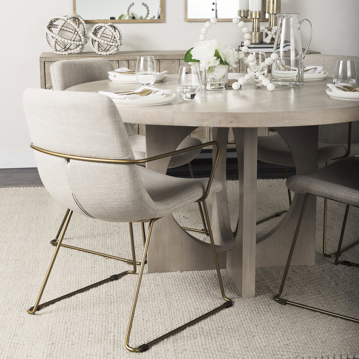 Sawyer Solid Back Dining Arm Chair | Beige Fabric with Gold Metal, Dining Chair by Mercana, 22.44" length x 24.8" width x 34.65" height View 4
