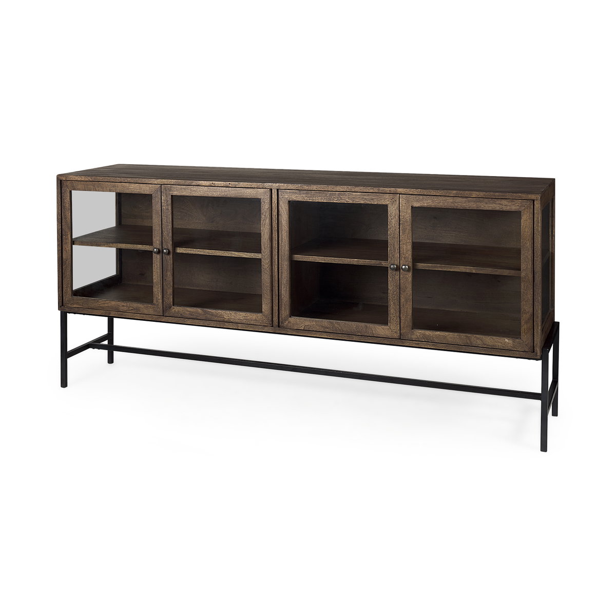 Arelius 70L x 18.75W x 32H Medium Brown, Black Metal Base with 4 Glass Door Cabinets Sideboard, Sideboards & Buffet by Mercana, 70" length x 18.75" width x 32" height View 1