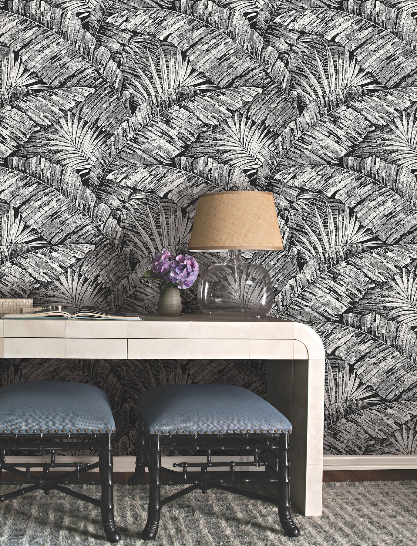 Palm Cove Toile White & Black Wallpaper large image 