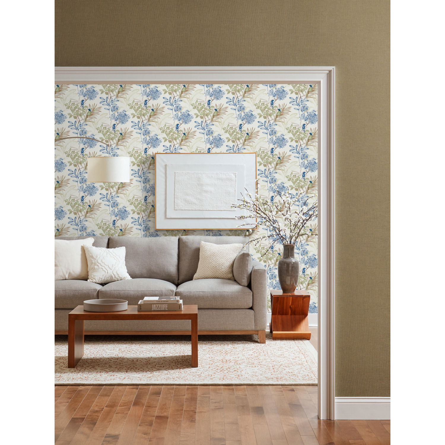 Handpainted Songbird Green & Blue Wallpaper large image 