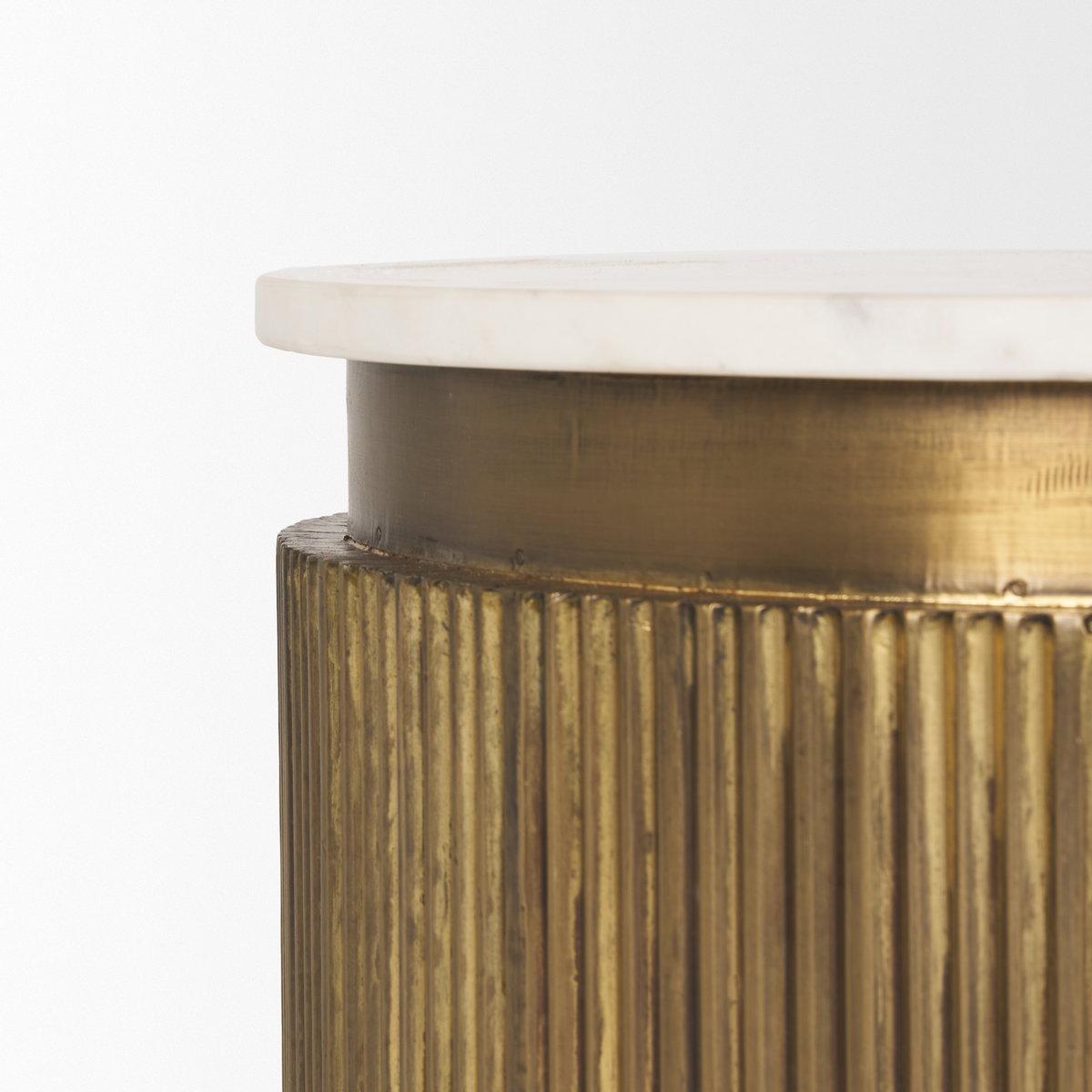 Satima White Marble with Gold Metal Round Fluted Accent Table, Side & End Table by Mercana, 16" length x 16" width x 22.25" height View 7