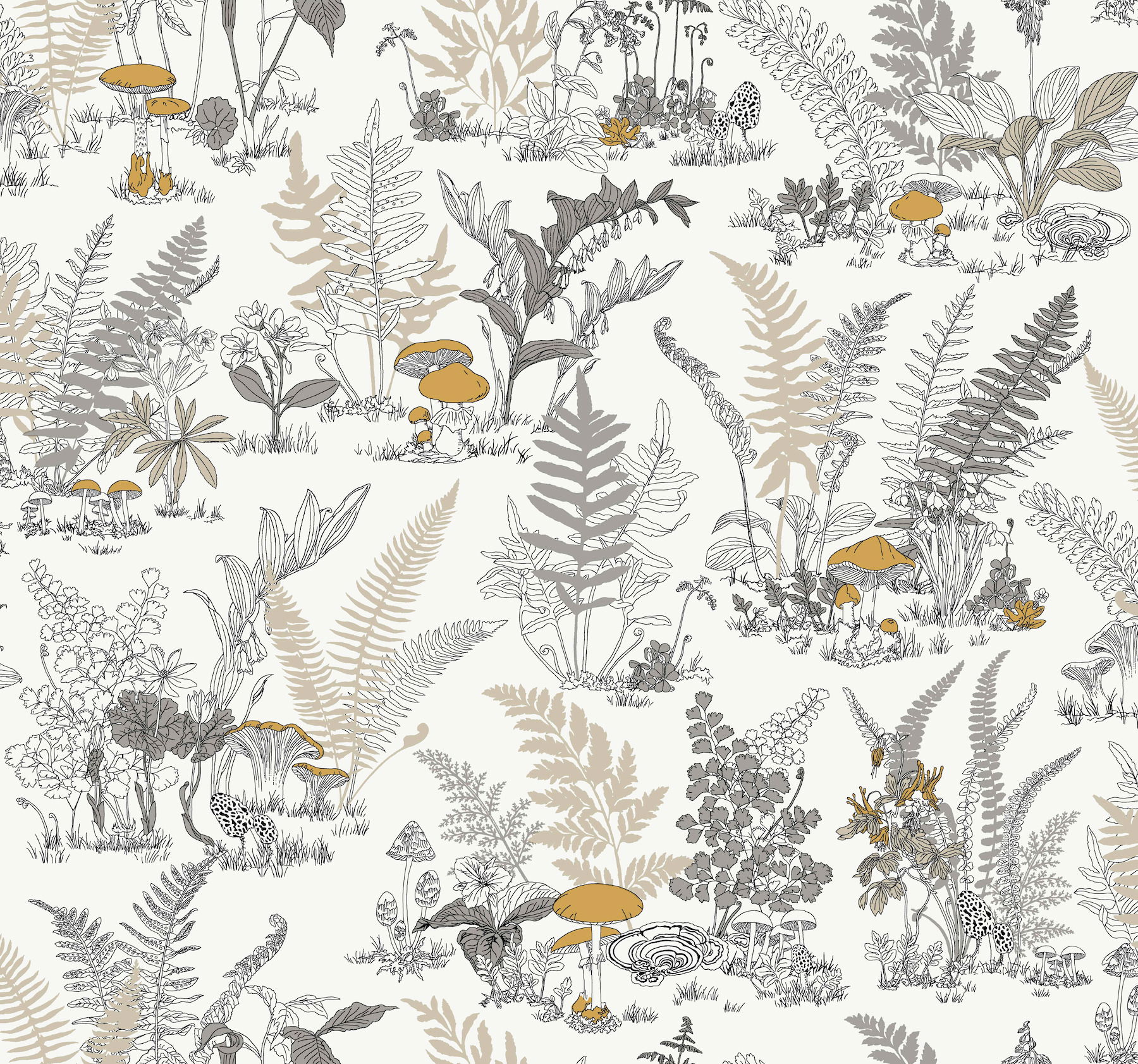 Mushroom Garden Toile Neutral & Gold Wallpaper large image 