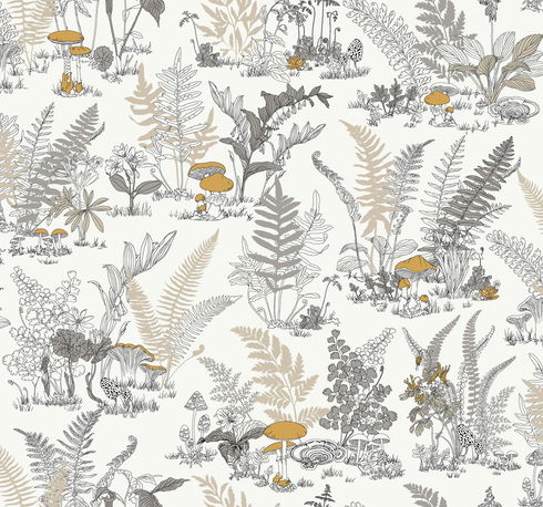Mushroom Garden Toile Neutral & Gold Wallpaper