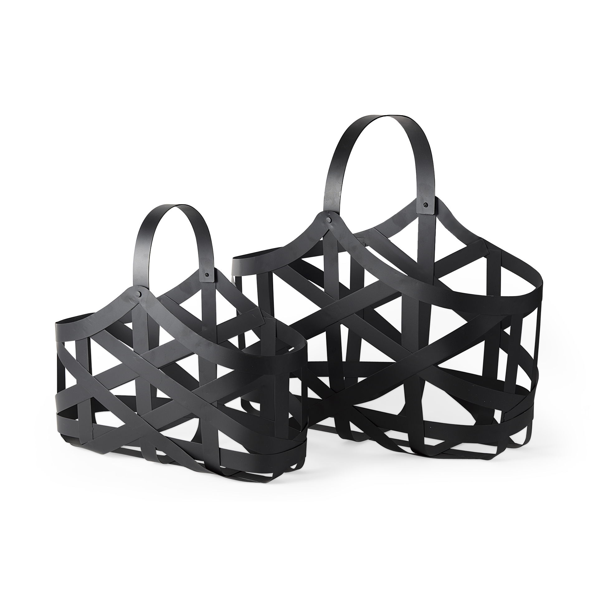 Tyrell (Set of 2) 23L x 11W; 18L x 8W Black Iron Metal Baskets, Bins & Basket by Mercana, 23" length x 11" width x 22" height View 1