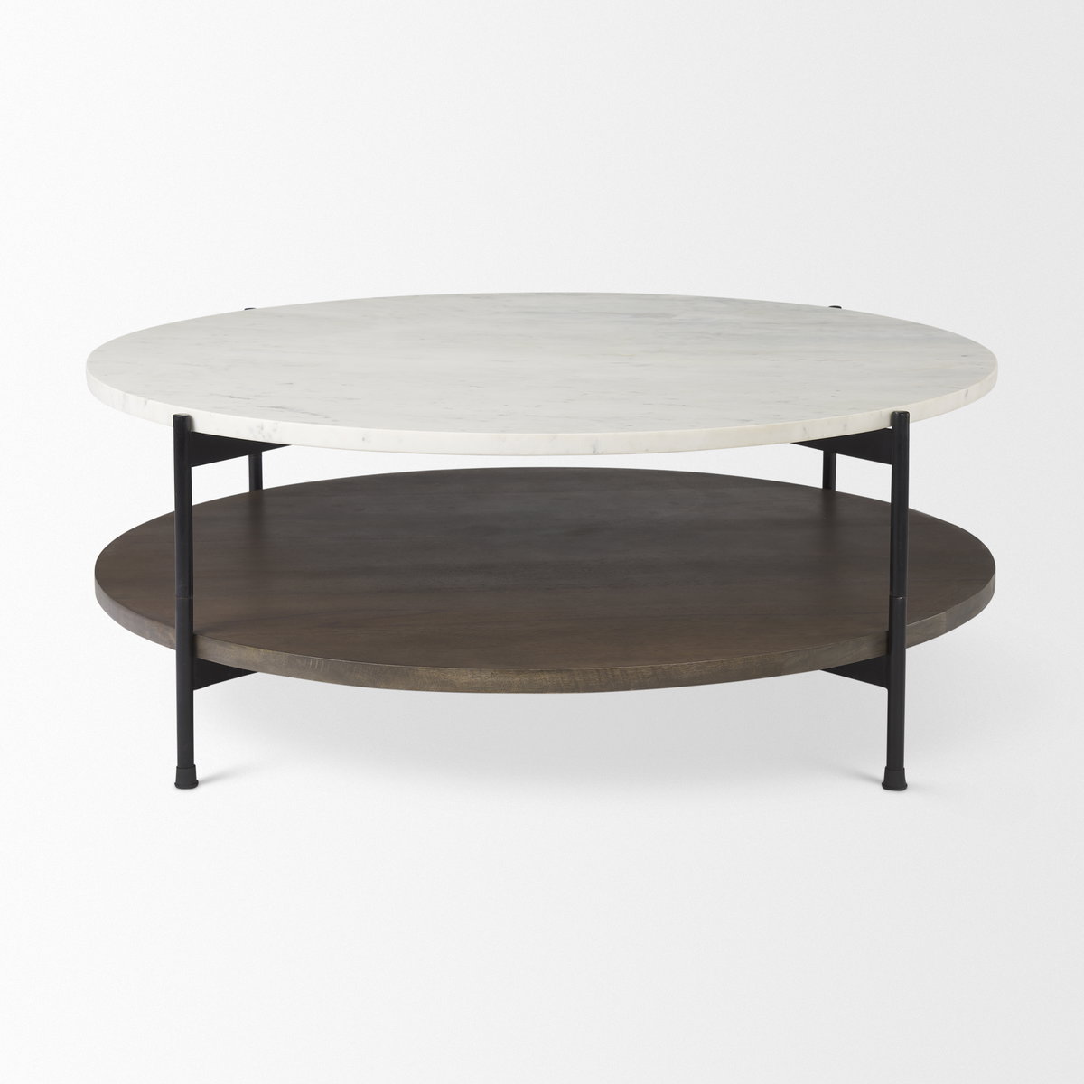 Larkin 42' Round Two-Tier White Marble Top and Solid Wood Shelf with Black Metal Frame Coffee Table, by Mercana, 43.5" length x 43.5" width x 16" height View 2