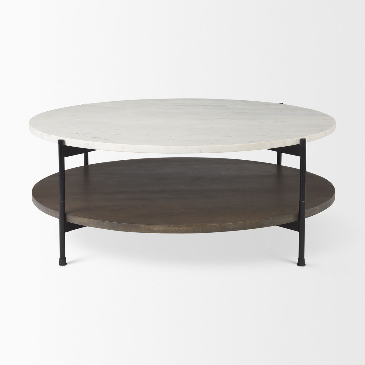 Larkin 42' Round Two-Tier White Marble Top and Solid Wood Shelf with Black Metal Frame Coffee Table, by Mercana, 43.5" length x 43.5" width x 16" height View 3