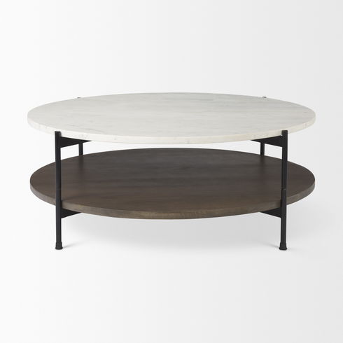 Larkin 42" Round Two-Tier White Marble Top and Solid Wood Shelf with Black Metal Frame Coffee Table