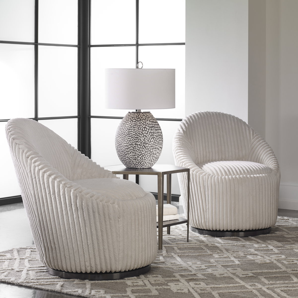 Crue White Swivel Chair, Accent Chair by Uttermost, 29" width x 32" height x 31" depth View 2