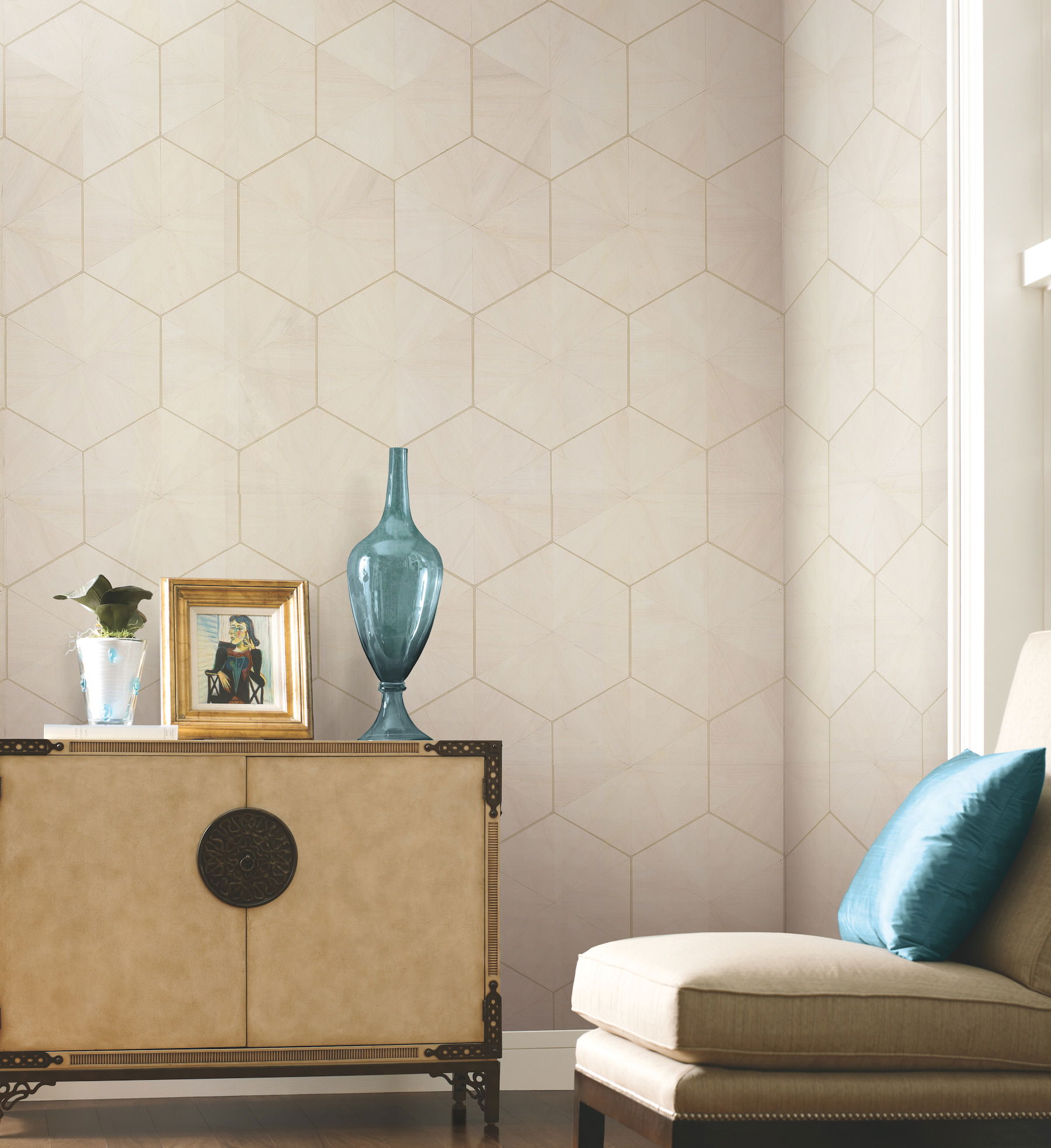 Hexagram Wood Veneer Off White Wallpaper large image 