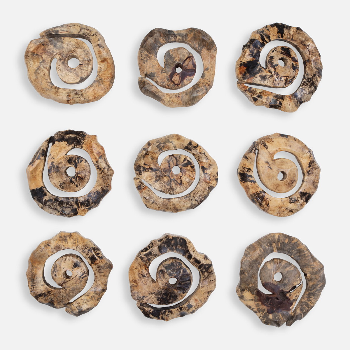 Corkscrew Wood Wall Decor Set/9, Sculptural Wall Art by Uttermost, 13.7" width x 13.7" height x 4.7" depth View 1
