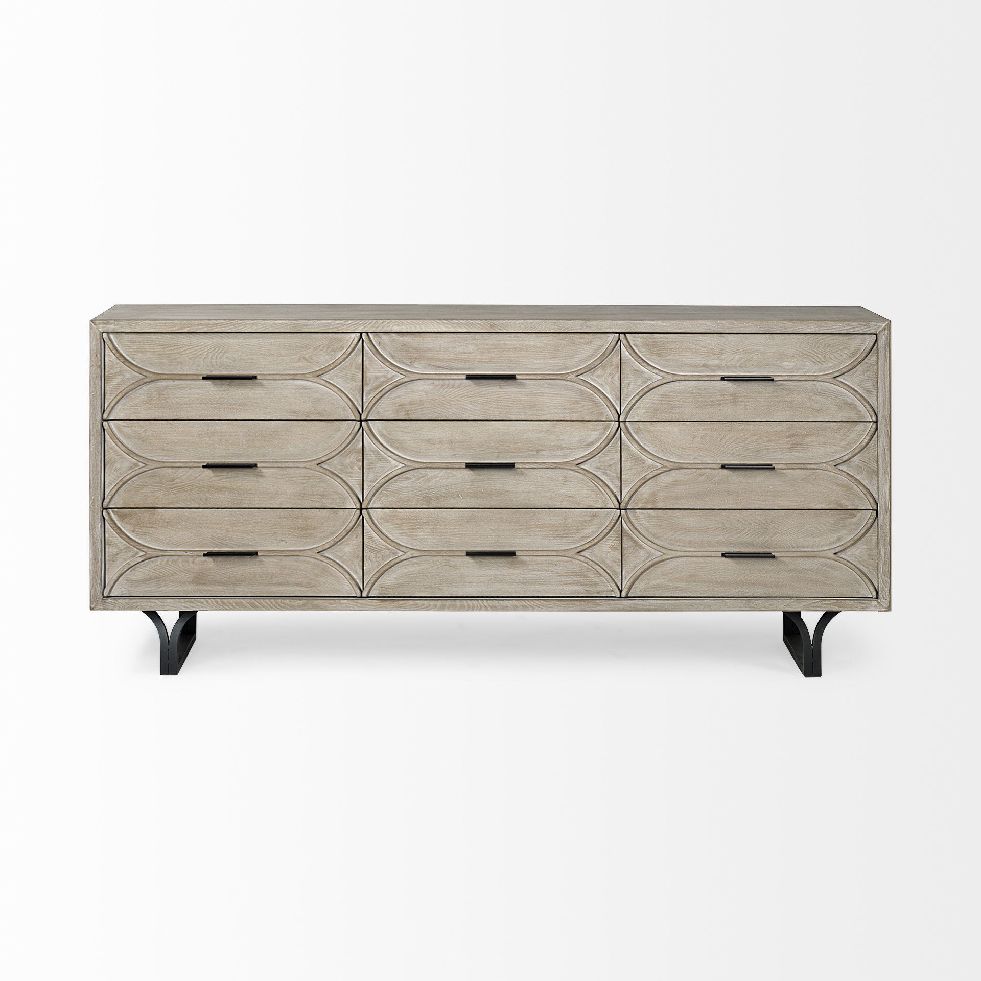 Giselle II Brown Fir Veneer with Black Metal Leg 9 Drawer Sideboard, Sideboards & Buffet by Mercana, 70.08" length x 15.94" width x 31.89" height View 3