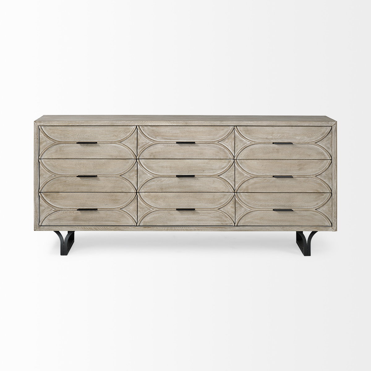 Giselle II Brown Fir Veneer with Black Metal Leg 9 Drawer Sideboard, Sideboards & Buffet by Mercana, 70.08" length x 15.94" width x 31.89" height View 3