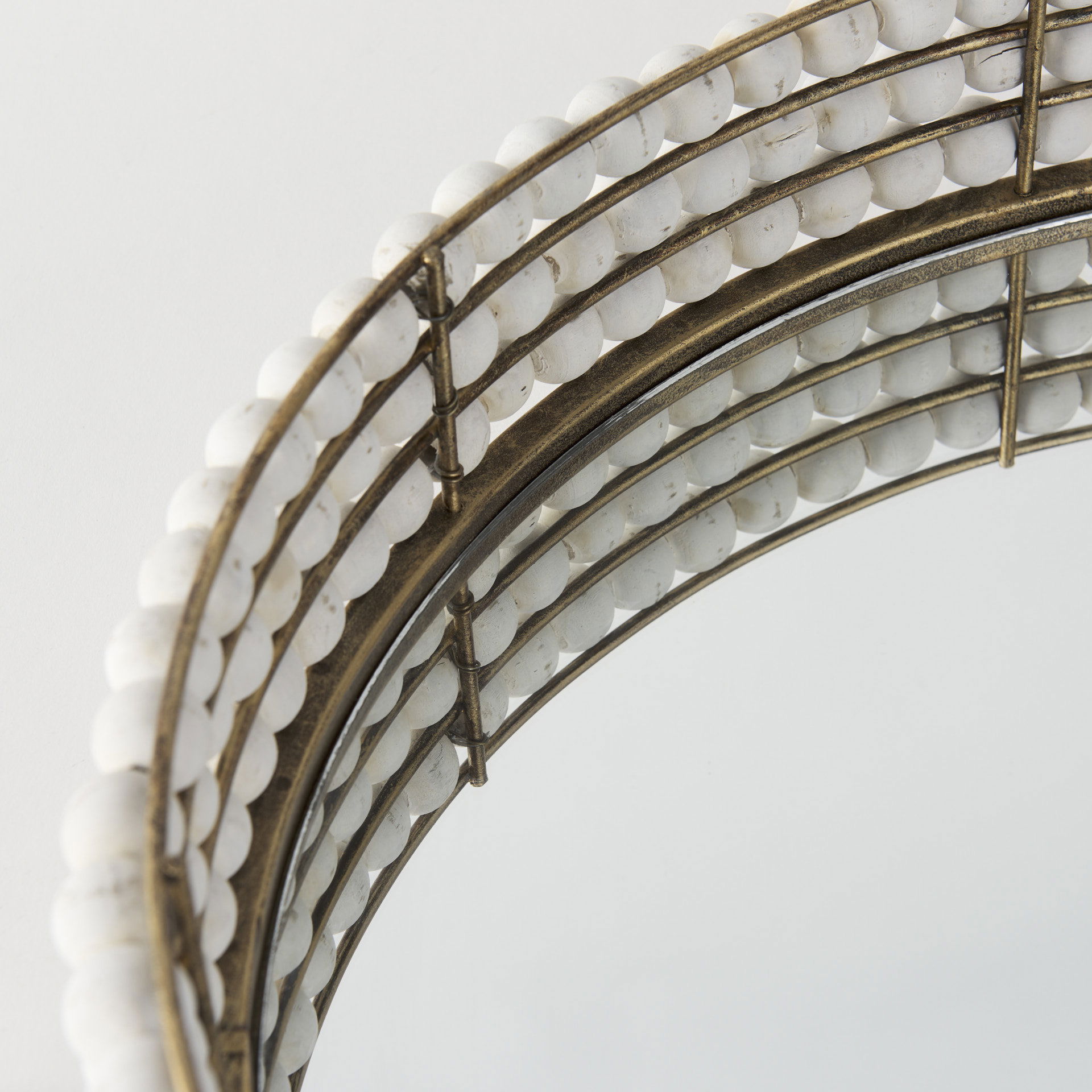 Decatur I 21L x 21W White Wooden Bead Mirrored Bottom Round Tray, Decorative Tray by Mercana, 21.26" length x 21.26" width x 3.94" height View 5