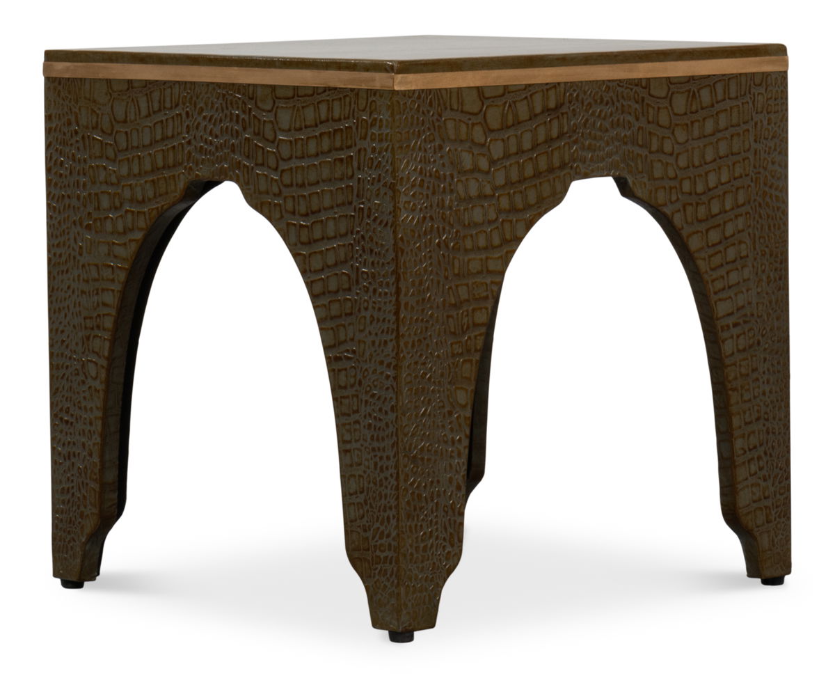 Croco Embossed Leather Stool  Ant. Green, by Sarreid, 1'6" length x 1'6" width x 10" height View 8