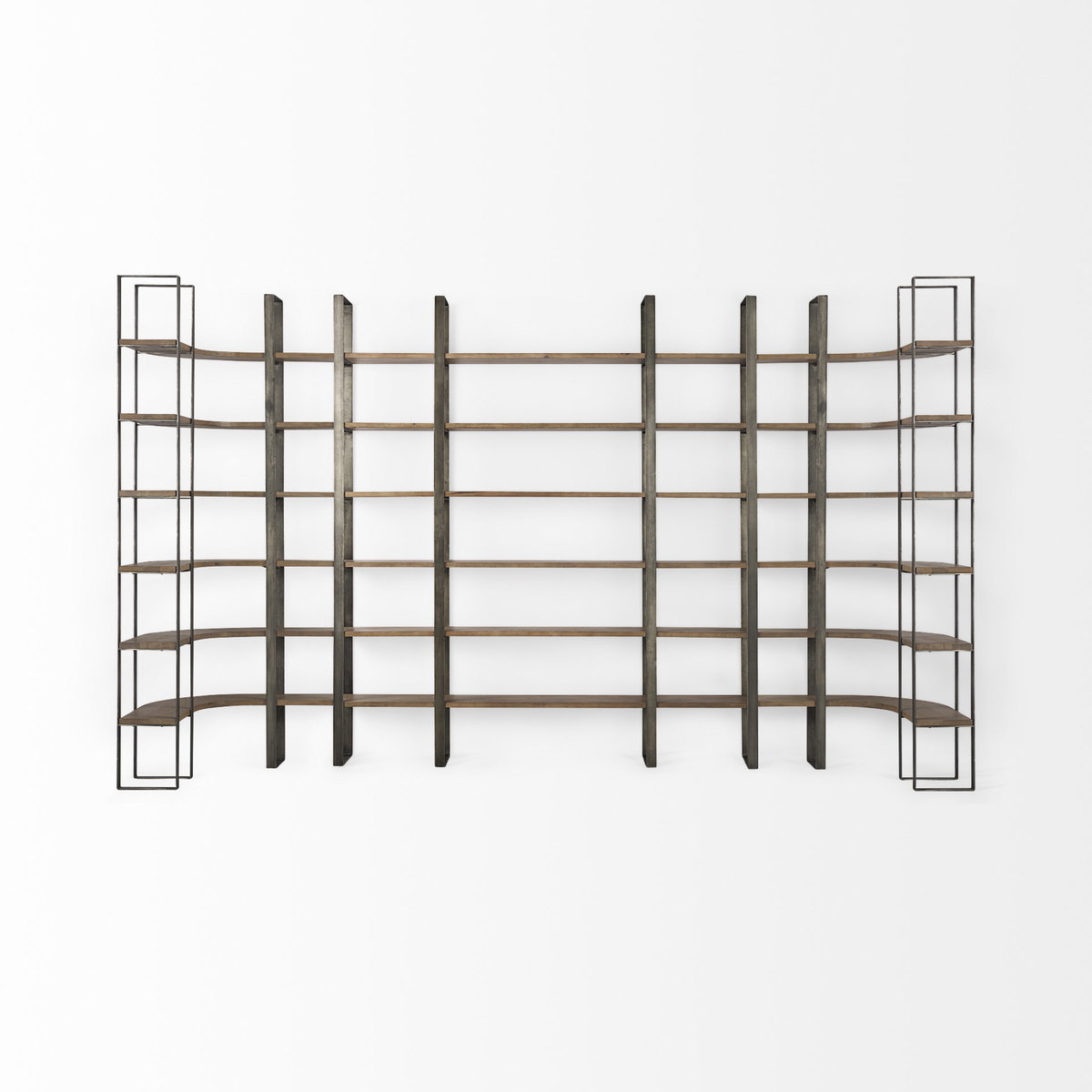 Taunton 80L x 10.5W x 90H Medium Brown Wood with Antique Nickel Metal Frame 6 Tier Shelving Unit, Shelving & Bookcase by Mercana, 80" length x 10.5" width x 90" height View 8