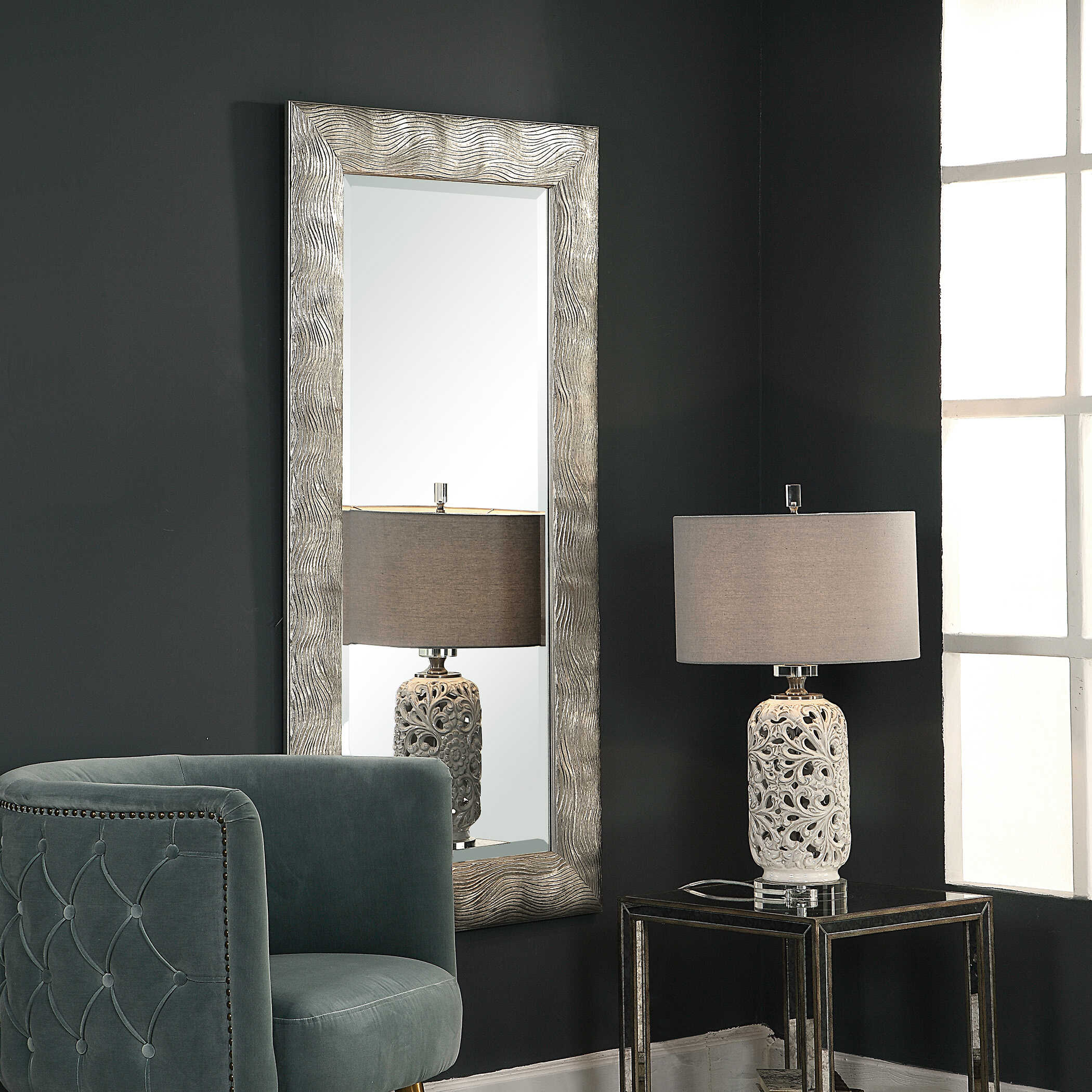 Maeona Metallic Silver Mirror, by Uttermost, 30" width x 60" height x 0.94" depth View 5