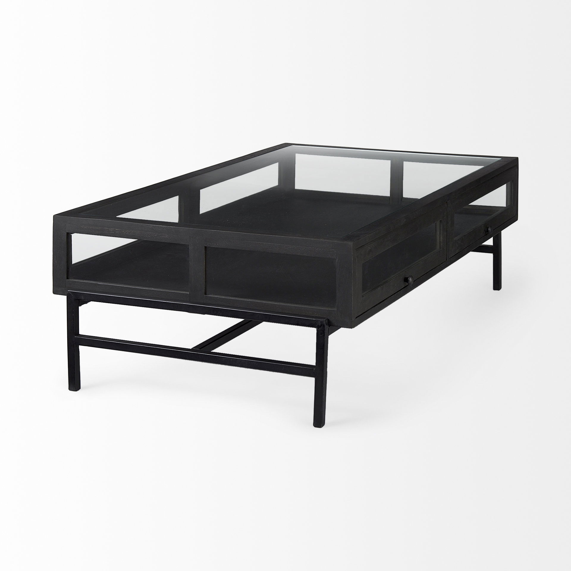 Arelius 42'L Rectangular Glass-Top Black-Brown Wood with Black Metal Base Display Coffee Table, by Mercana, 49.5" length x 28" width x 15" height View 5