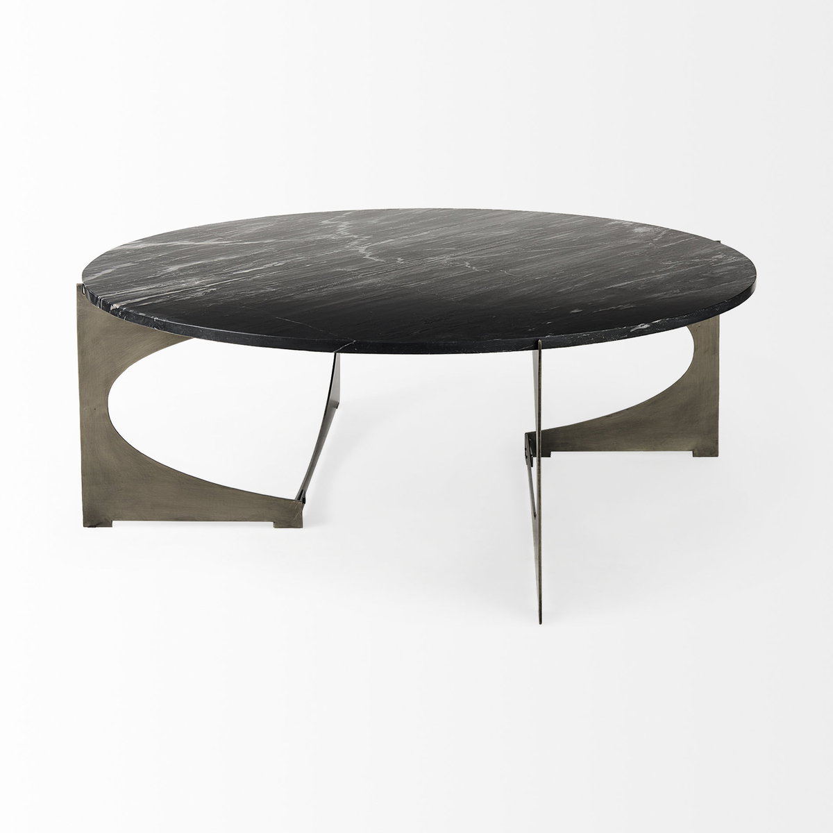 Reinhold III Black Marble Top Iron Coffee Table, by Mercana, 49" length x 49" width x 17.75" height View 3