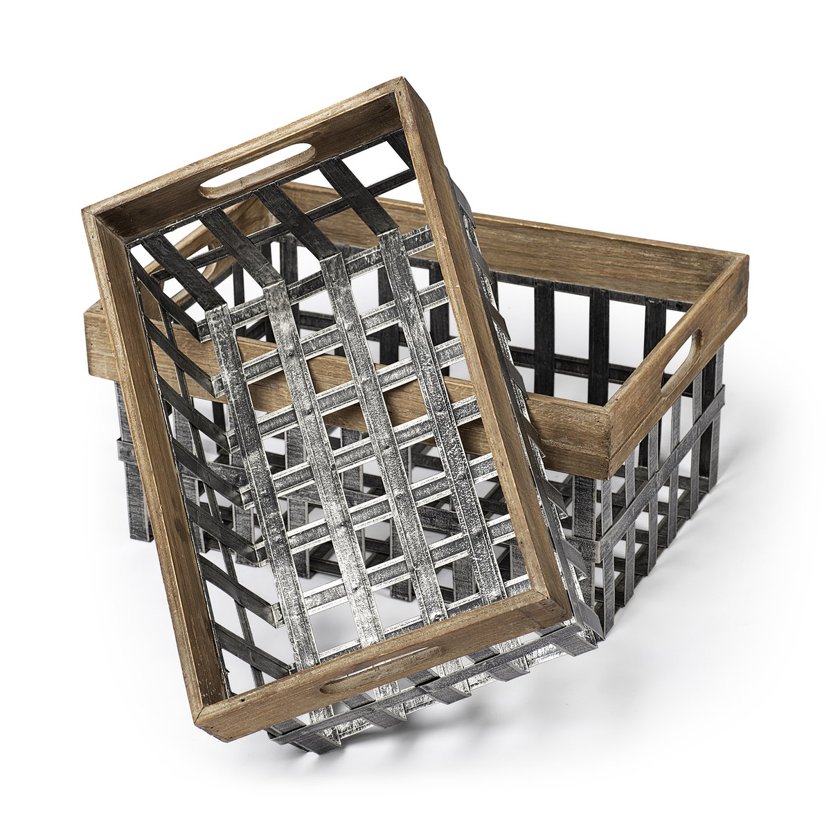 Chartrand Set of 2 Wood And Metal Open Crate Style Baskets, Bins & Basket by Mercana, 18.7" length x 12.6" width x 8.66" height View 1