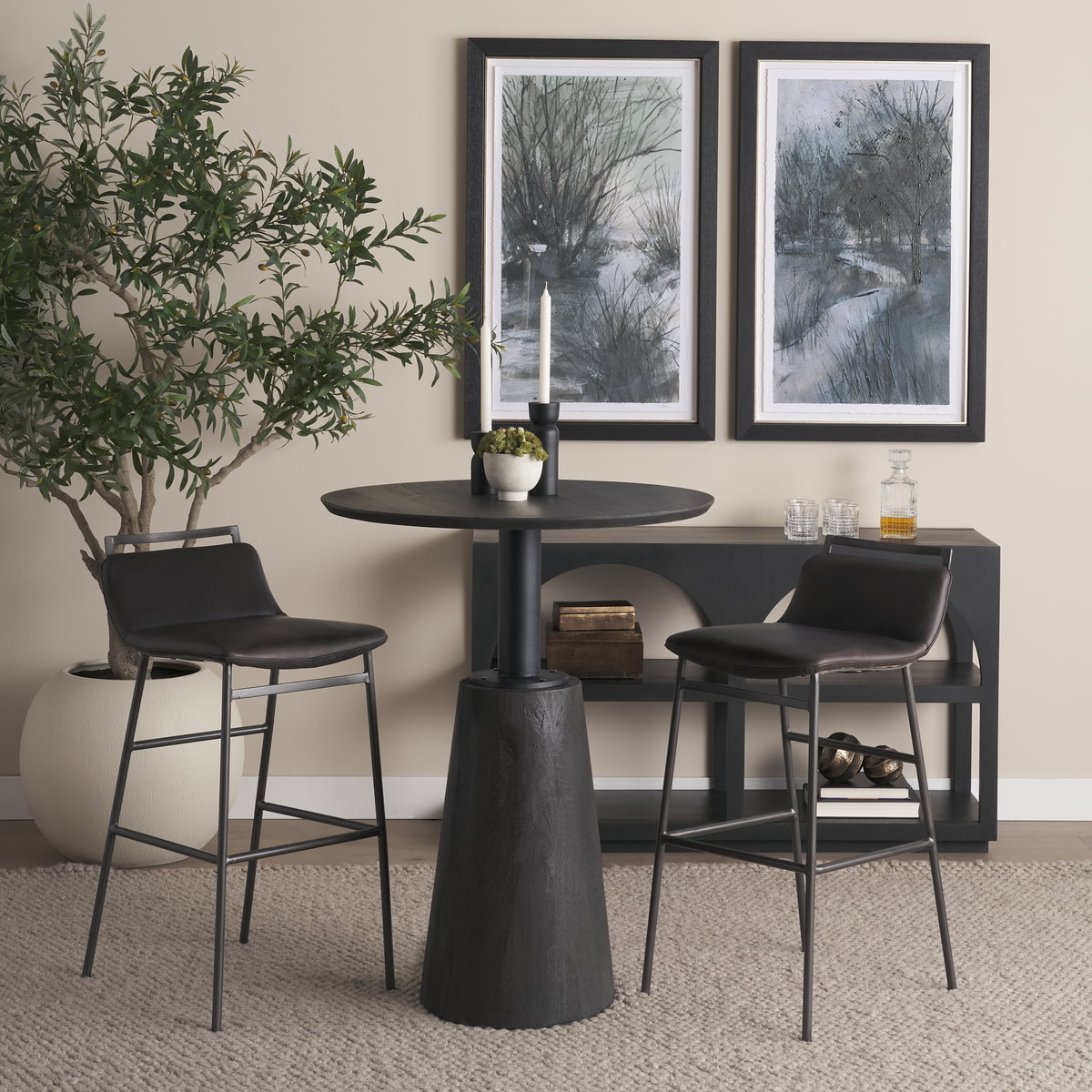 Kavalan Low Back 37.5in Seat Bar Stool | Ebony Leather with Black Metal, Counter & Bar Stool by Mercana, 17.7" length x 20.9" width x 37.5" height View 2