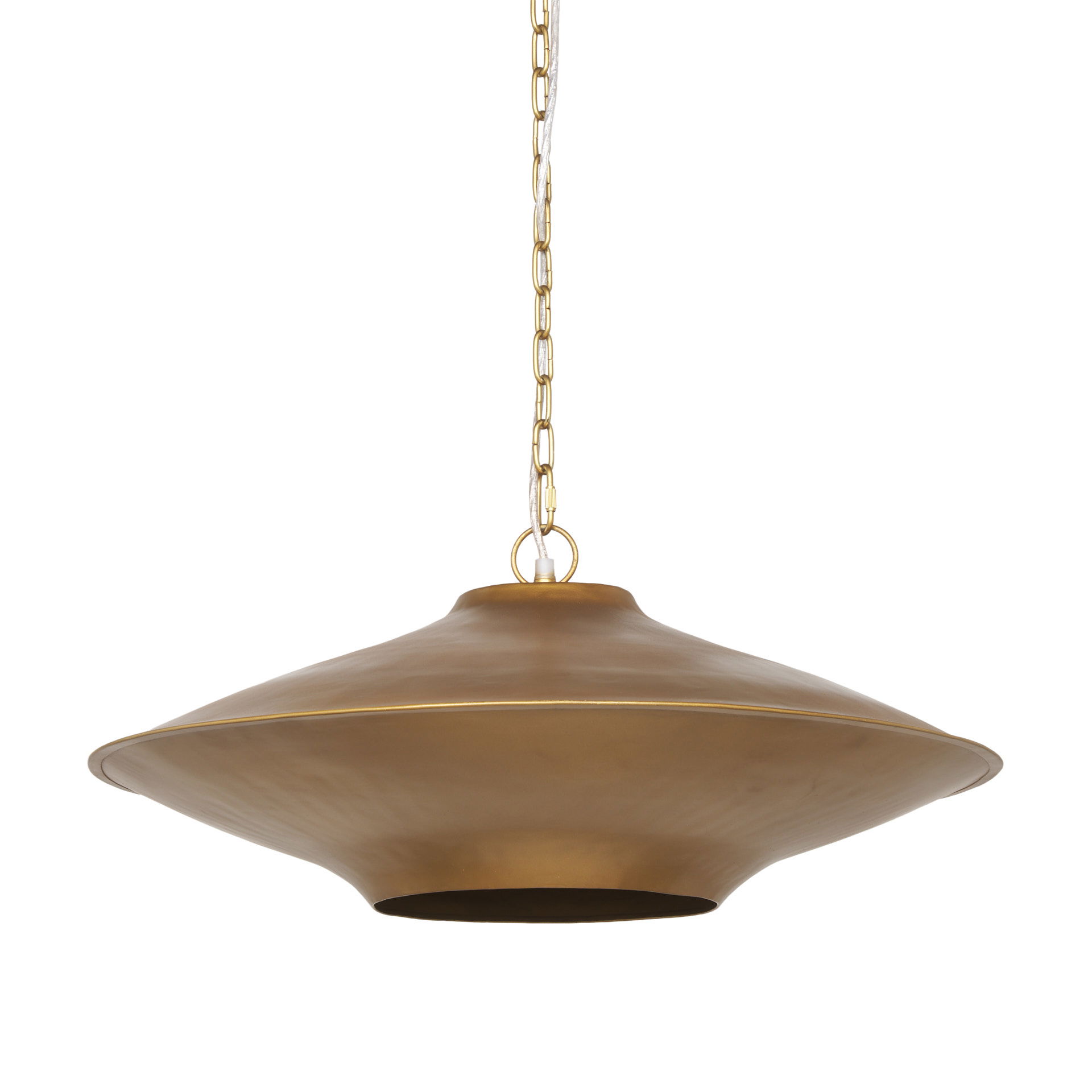 Titus 1-Light Brass Finished Metal Disc Pendant, by Mercana, 24" length x 24" width x 8" height View 1