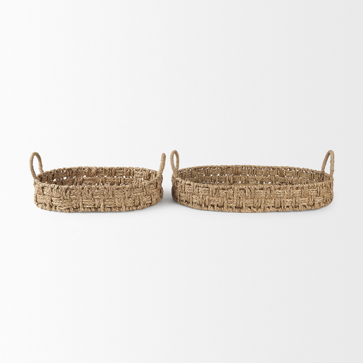 Haini Set of 2 Large Basketweave Seagrass Trays with Loop Handles, Decorative Tray by Mercana, 25.98" length x 16.14" width x 3.94" height View 3